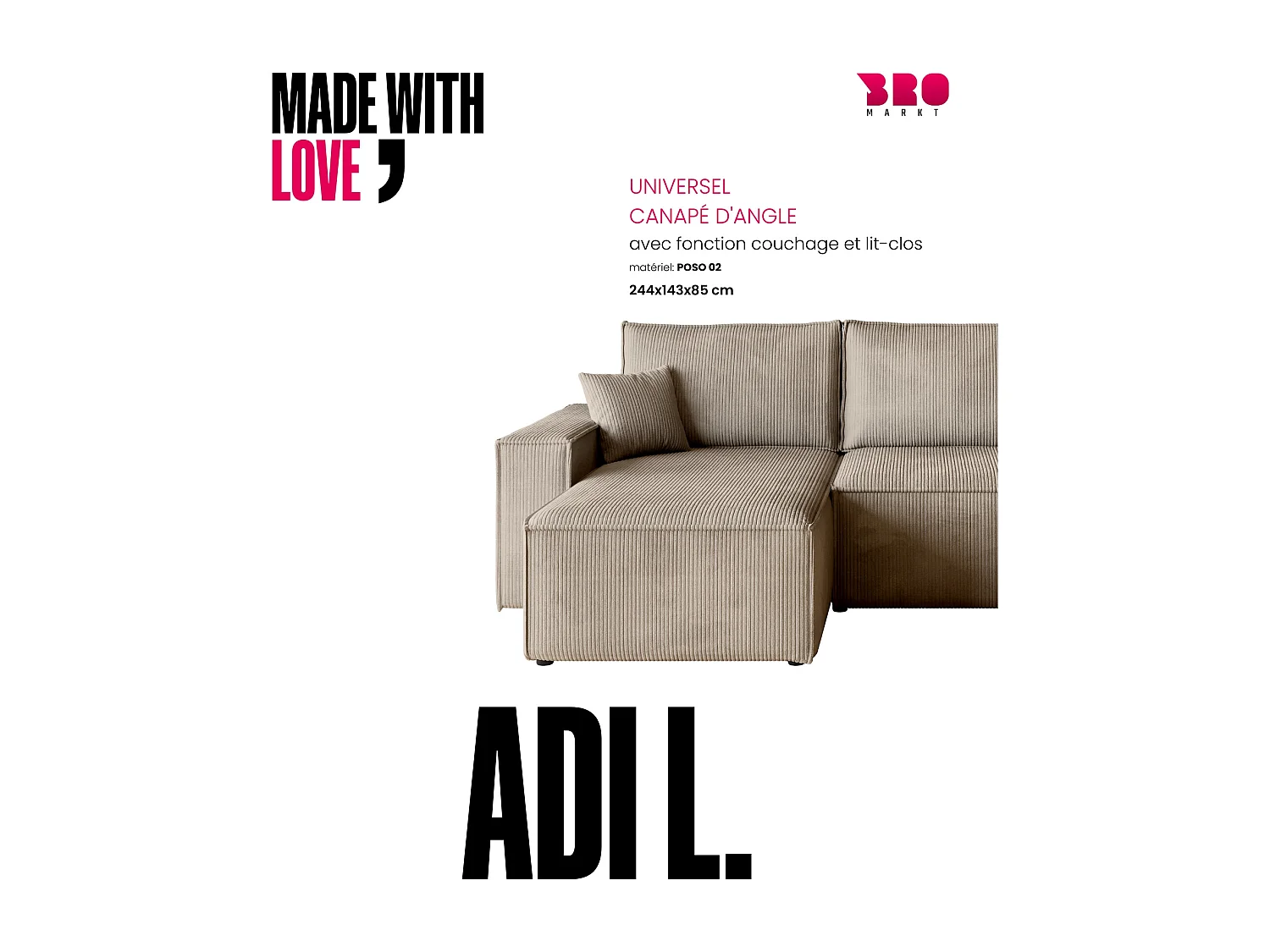 Canapé d'angle convertible en velours côtelé beige ADI L