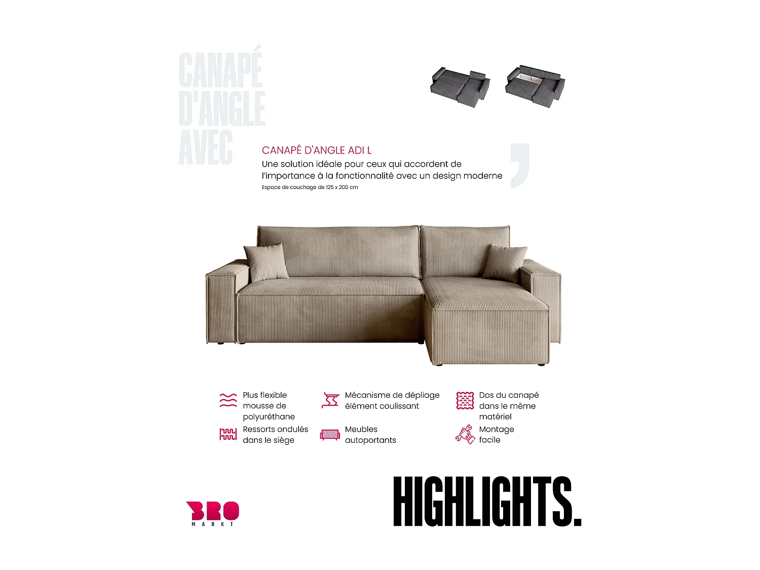 Canapé d'angle convertible en velours côtelé beige ADI L