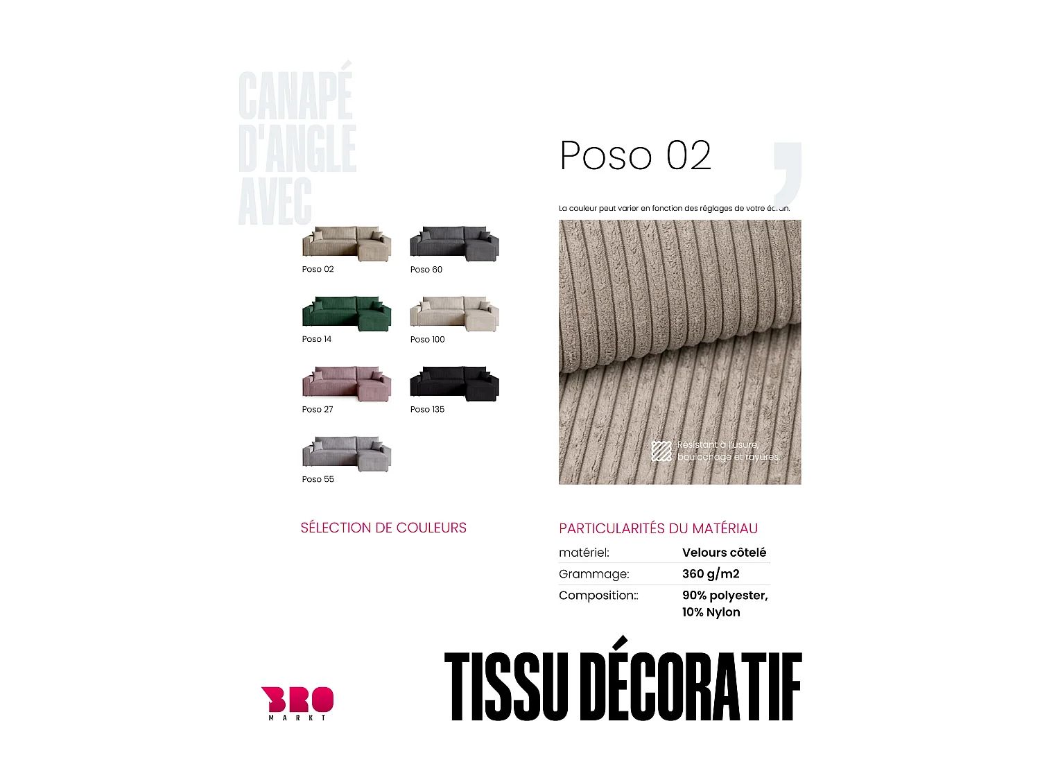 Canapé d'angle convertible en velours côtelé beige ADI L