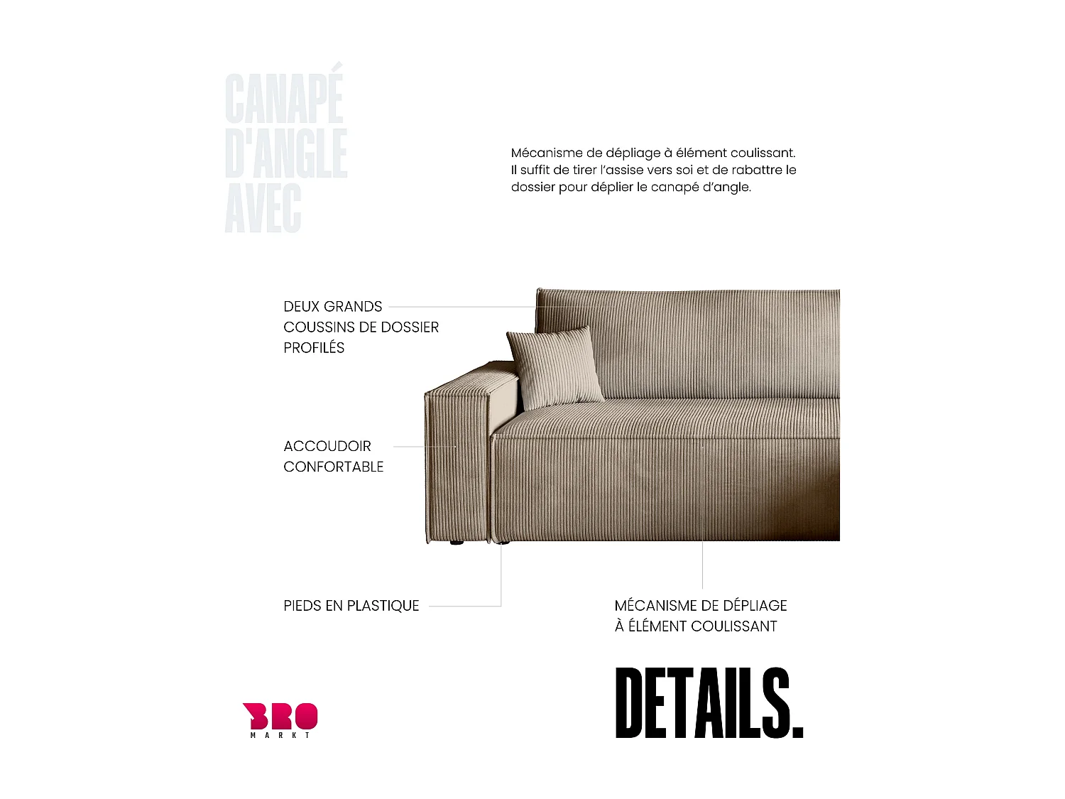 Canapé d'angle convertible en velours côtelé beige ADI L