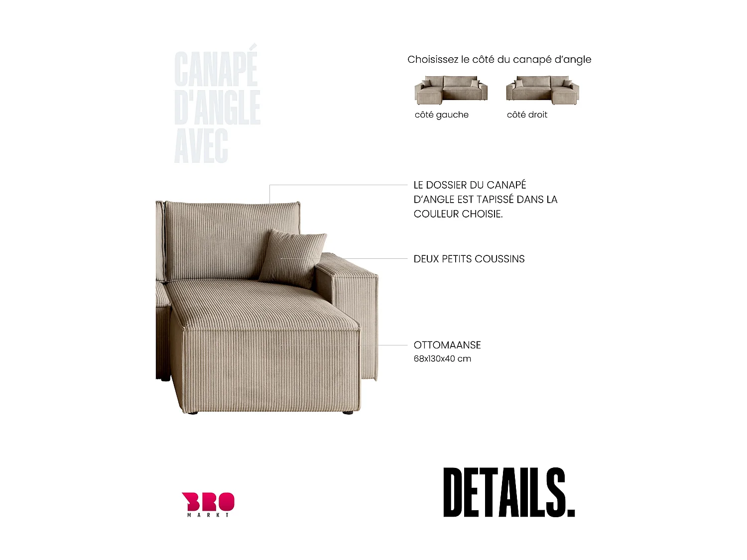 Canapé d'angle convertible en velours côtelé beige ADI L