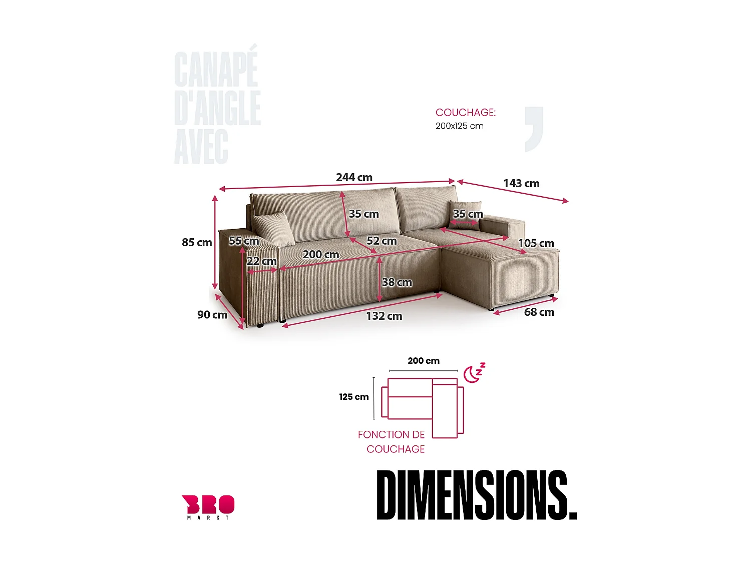 Canapé d'angle convertible en velours côtelé beige ADI L