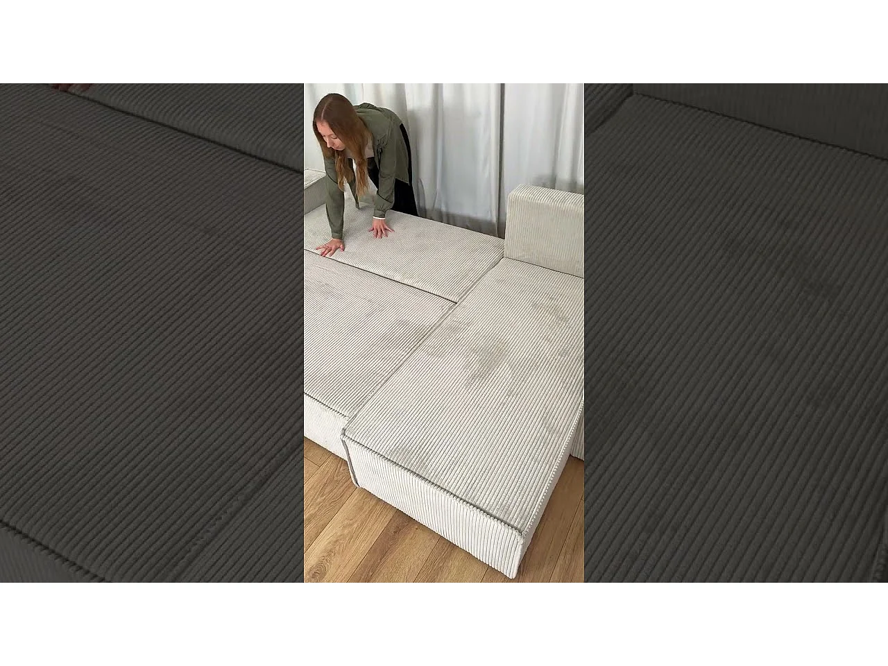 Canapé d'angle convertible en velours côtelé beige ADI L