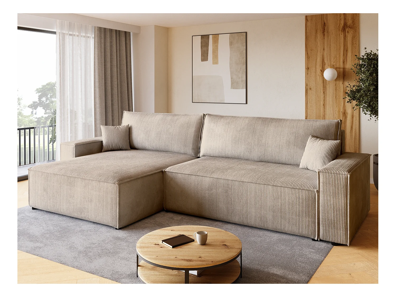 Canapé d'angle convertible en velours côtelé beige ADI XL