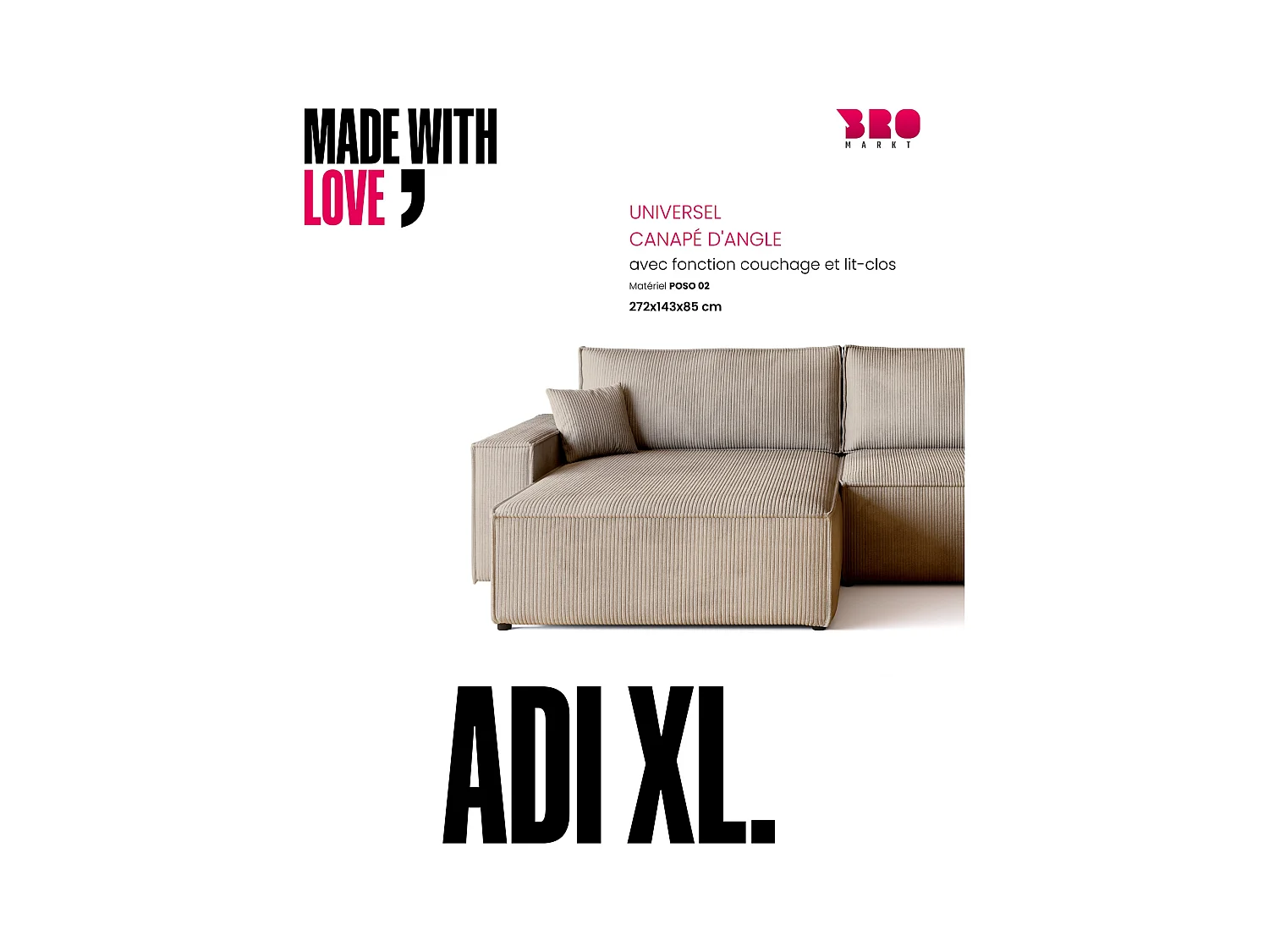 Canapé d'angle convertible en velours côtelé beige ADI XL