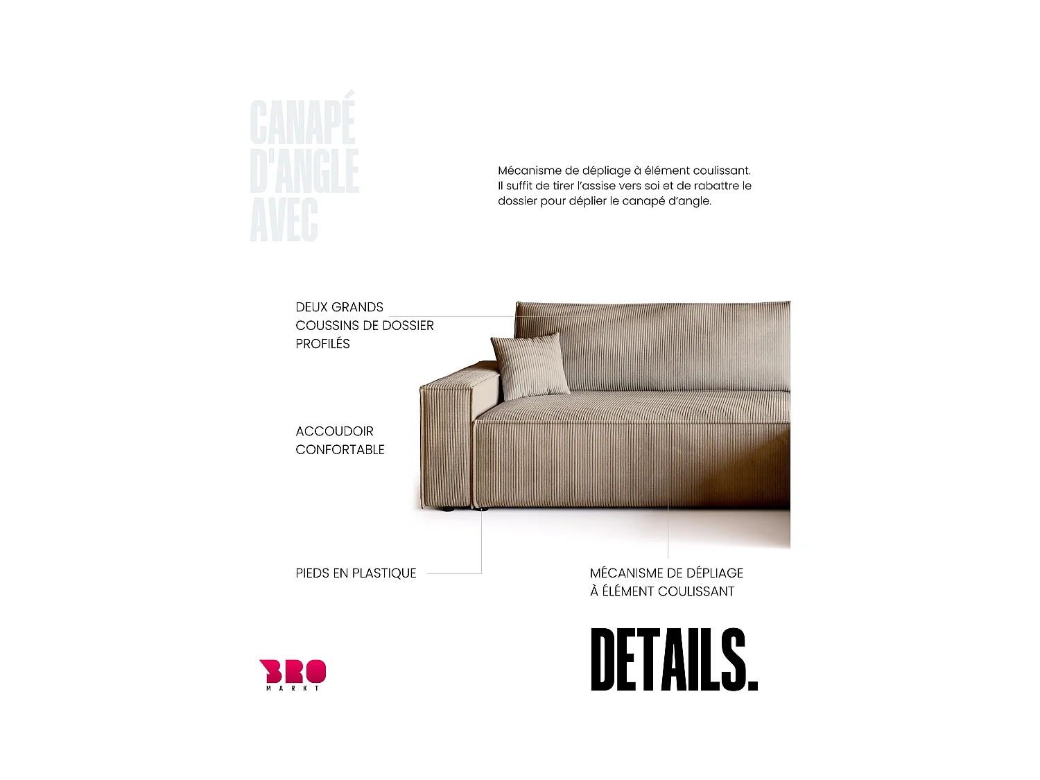 Canapé d'angle convertible en velours côtelé beige ADI XL