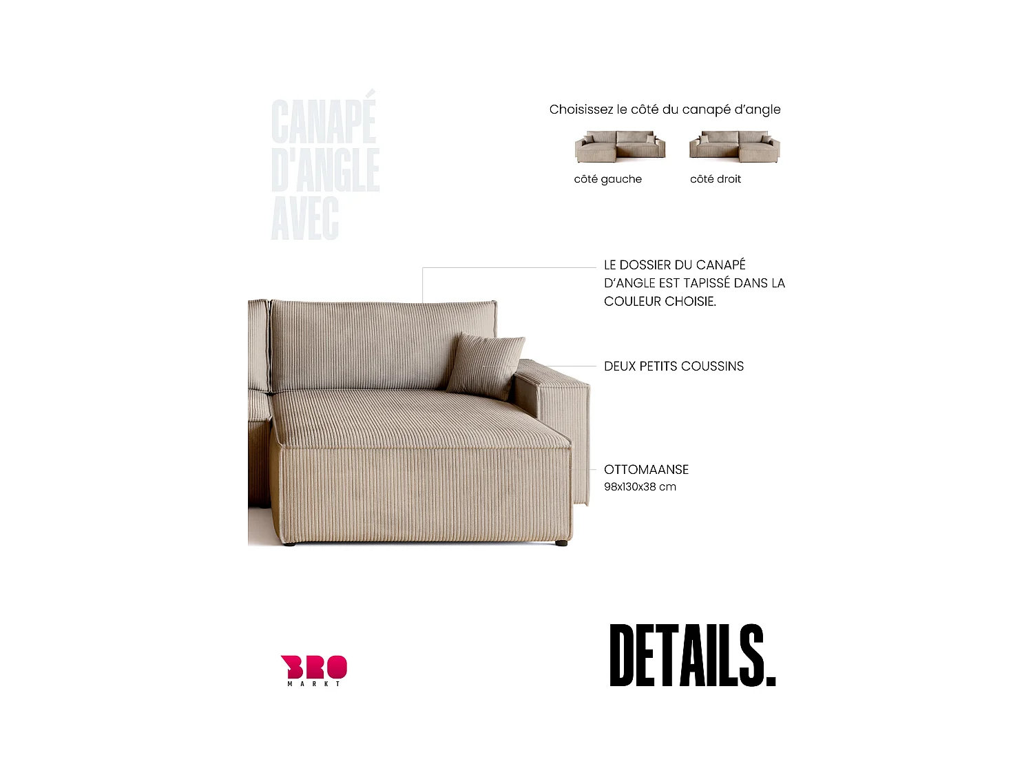 Canapé d'angle convertible en velours côtelé beige ADI XL