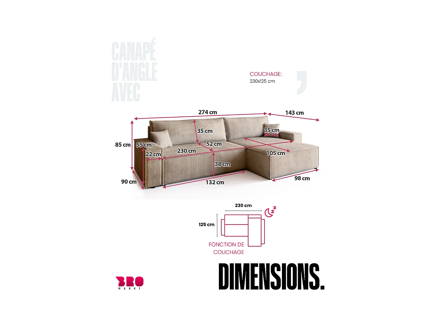 Canapé d'angle convertible en velours côtelé beige ADI XL