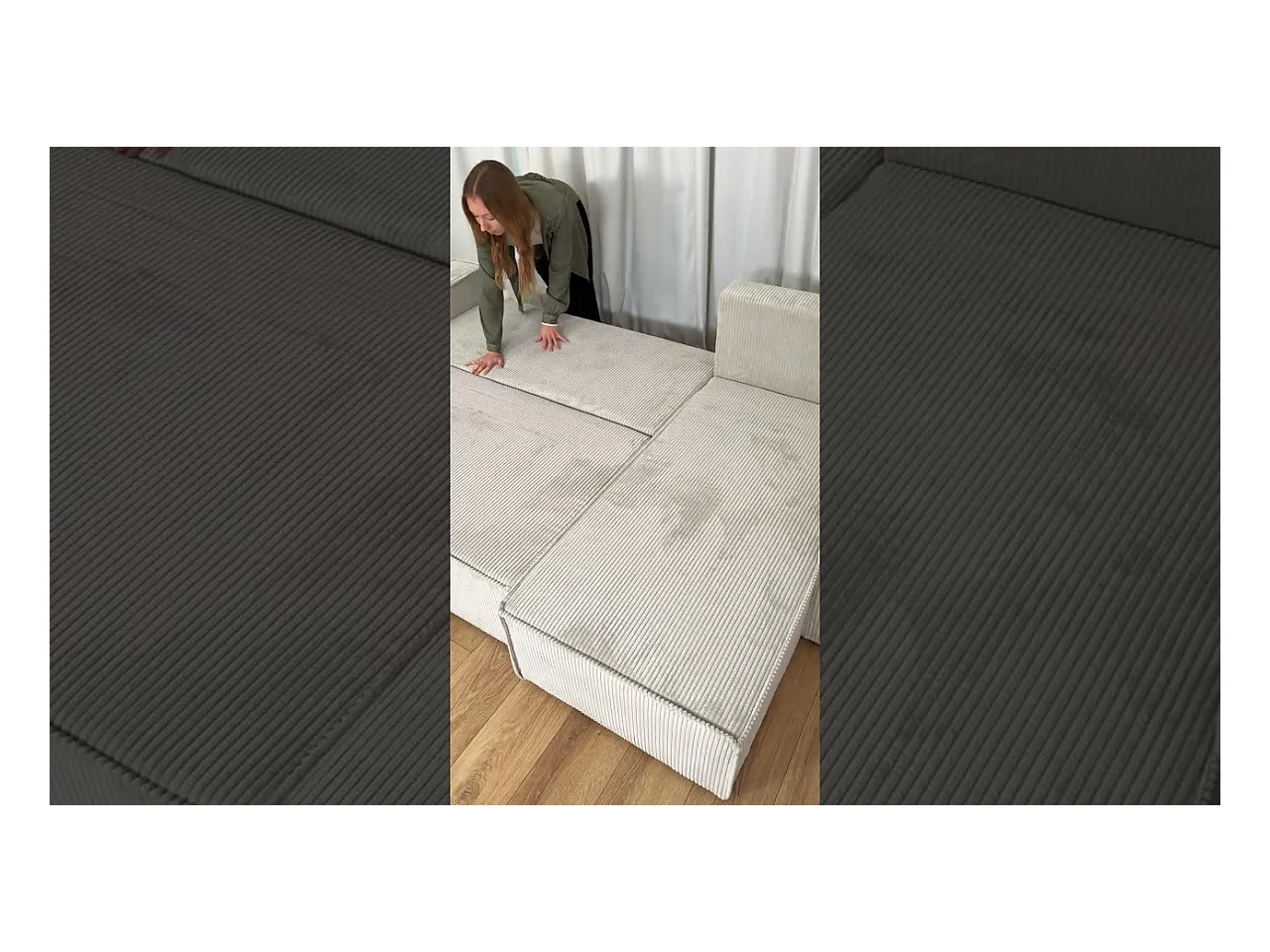 Canapé d'angle convertible en velours côtelé beige ADI XL