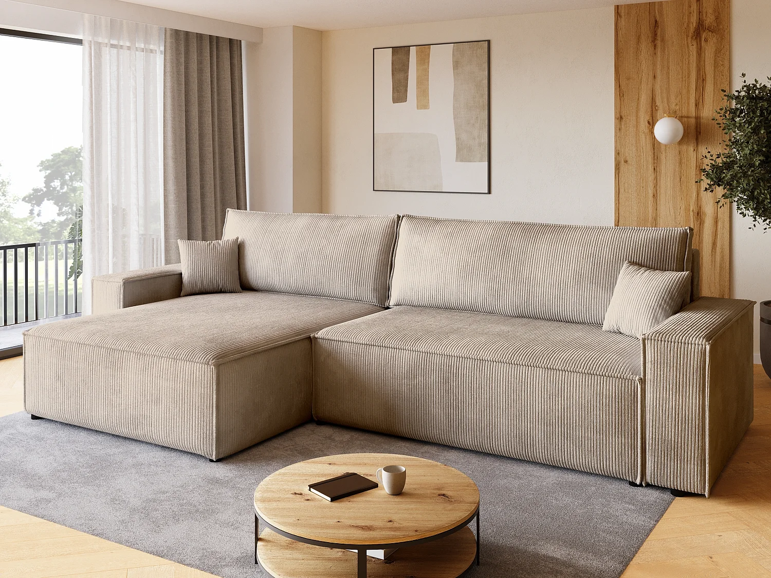 Canapé d'angle convertible en velours côtelé beige ADI XL