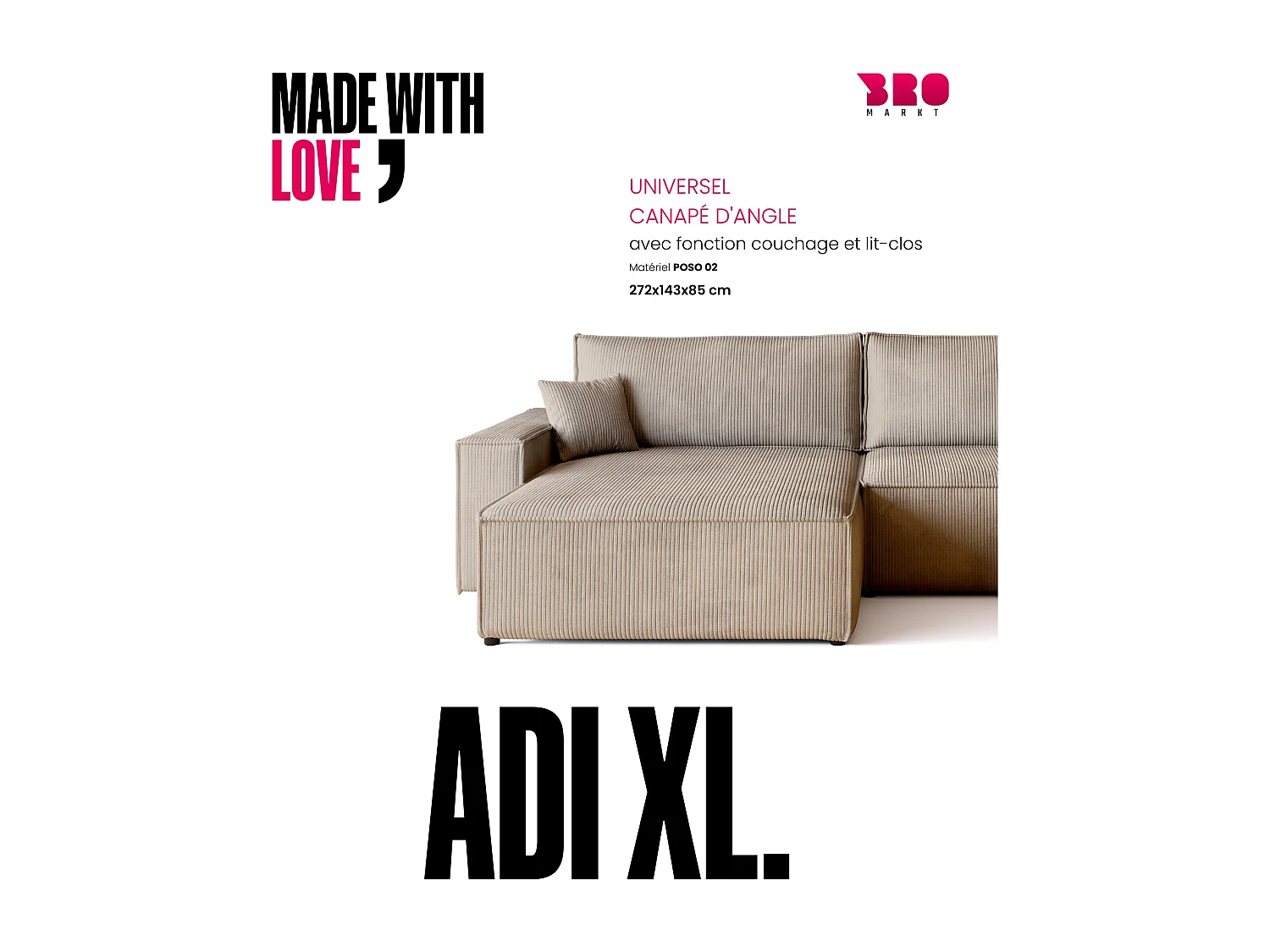 Canapé d'angle convertible en velours côtelé beige ADI XL