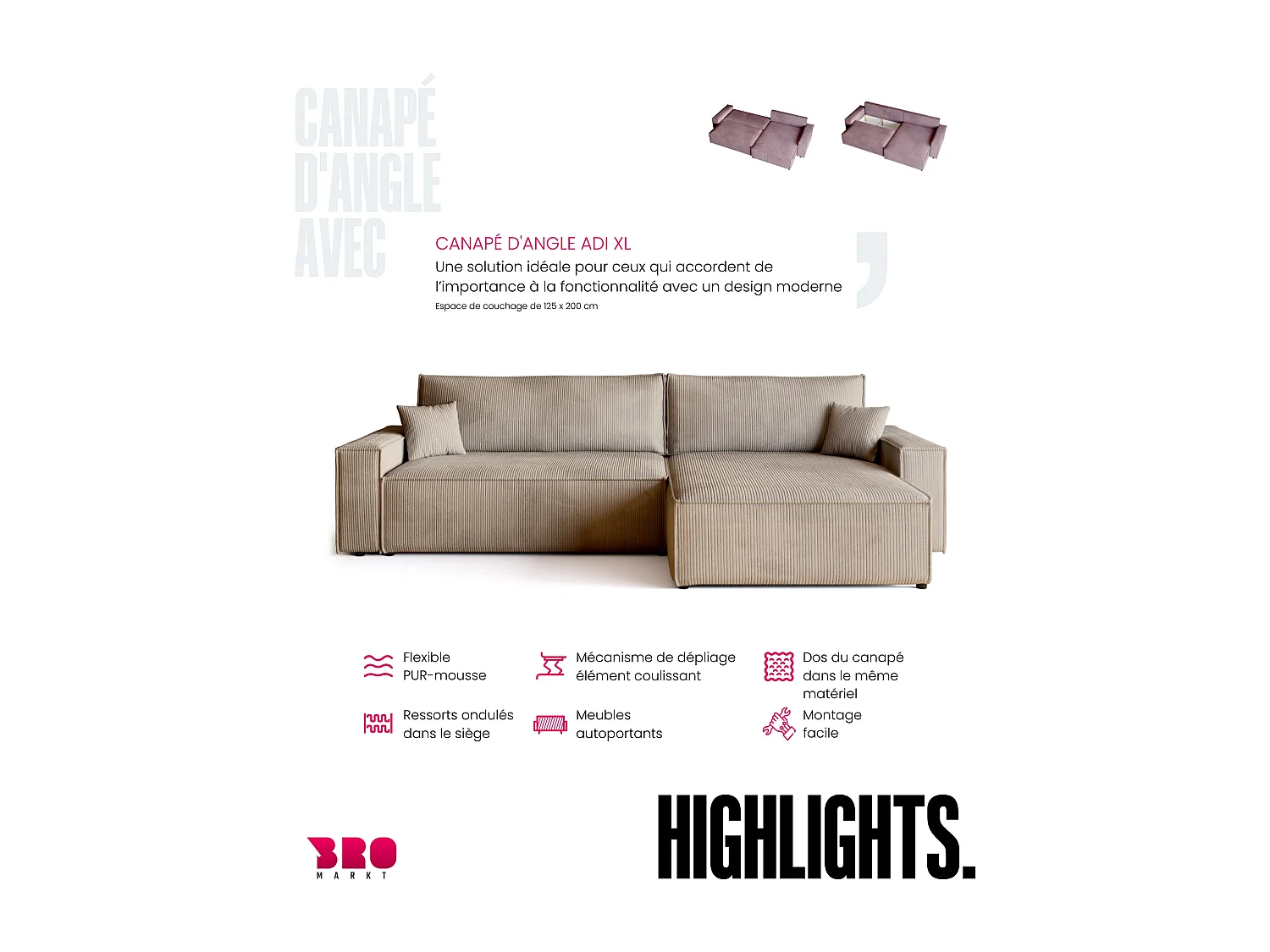 Canapé d'angle convertible en velours côtelé beige ADI XL