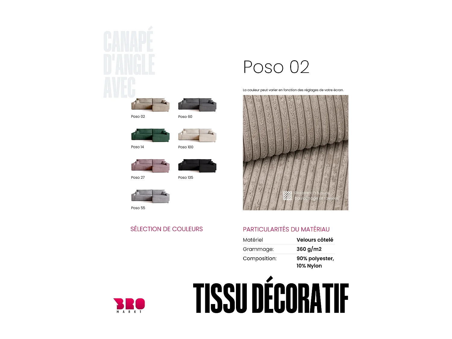 Canapé d'angle convertible en velours côtelé beige ADI XL