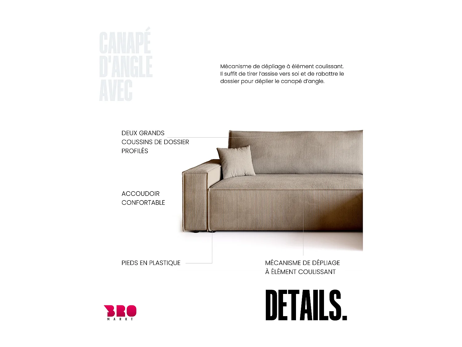 Canapé d'angle convertible en velours côtelé beige ADI XL