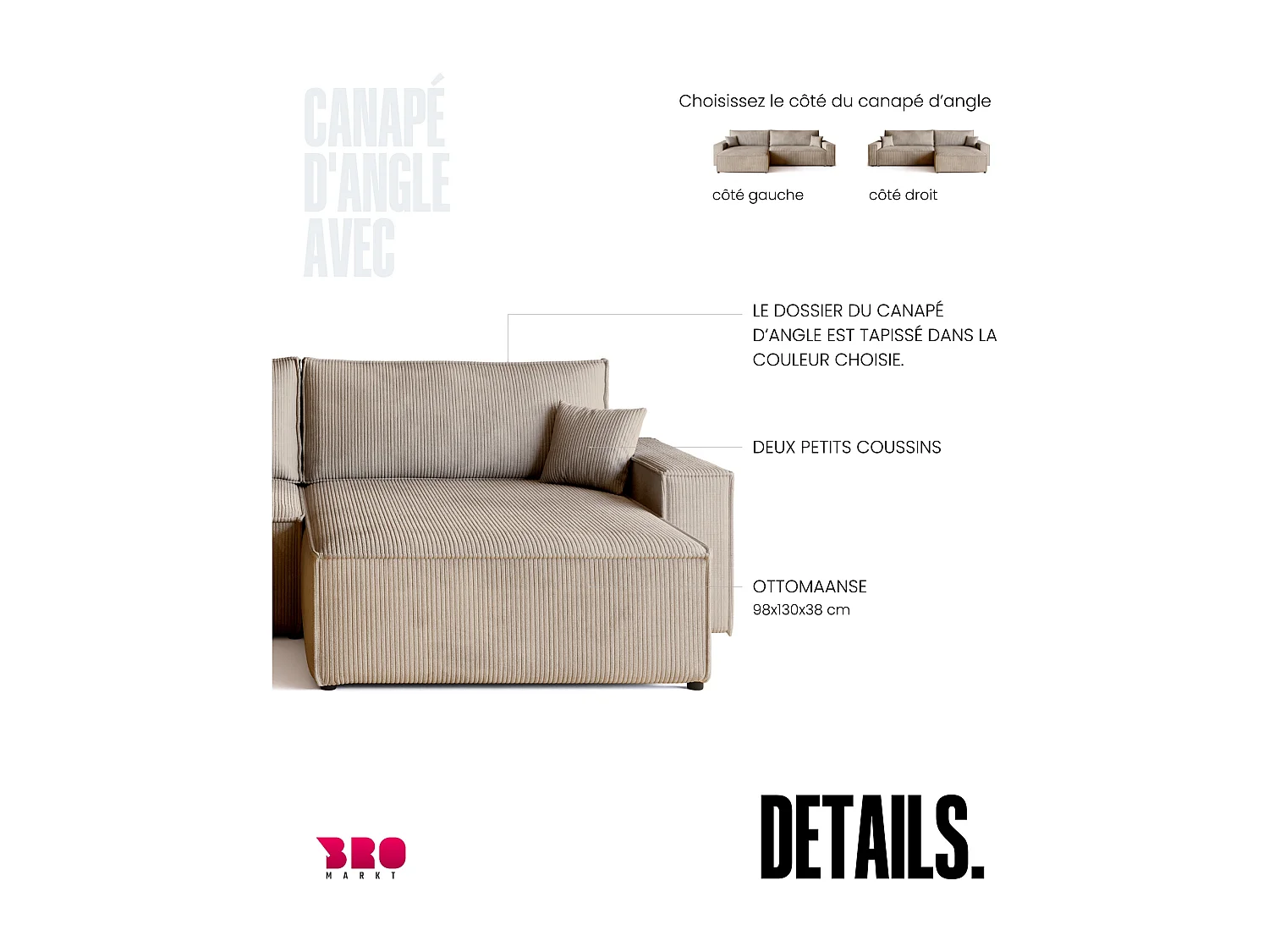 Canapé d'angle convertible en velours côtelé beige ADI XL