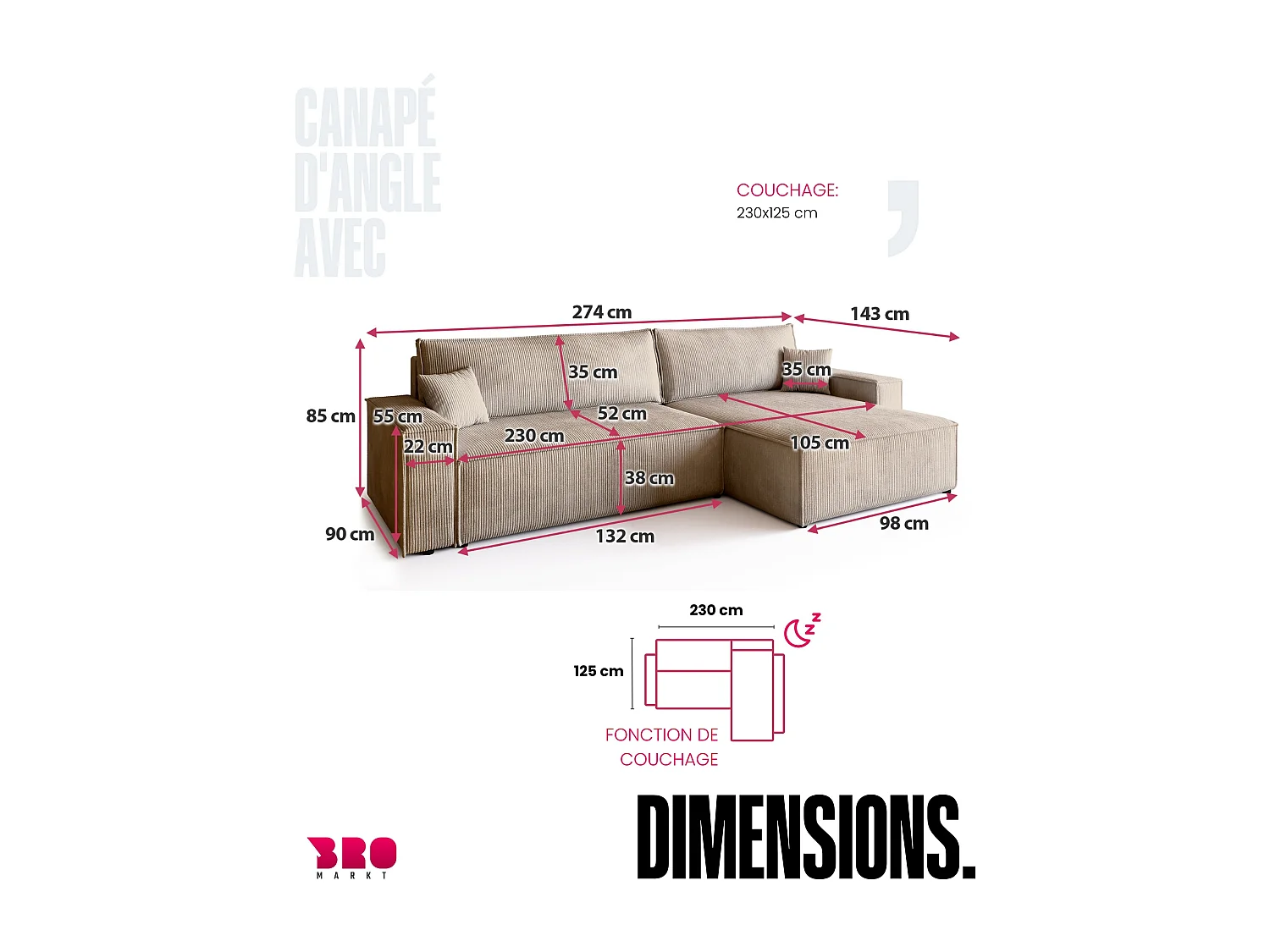 Canapé d'angle convertible en velours côtelé beige ADI XL