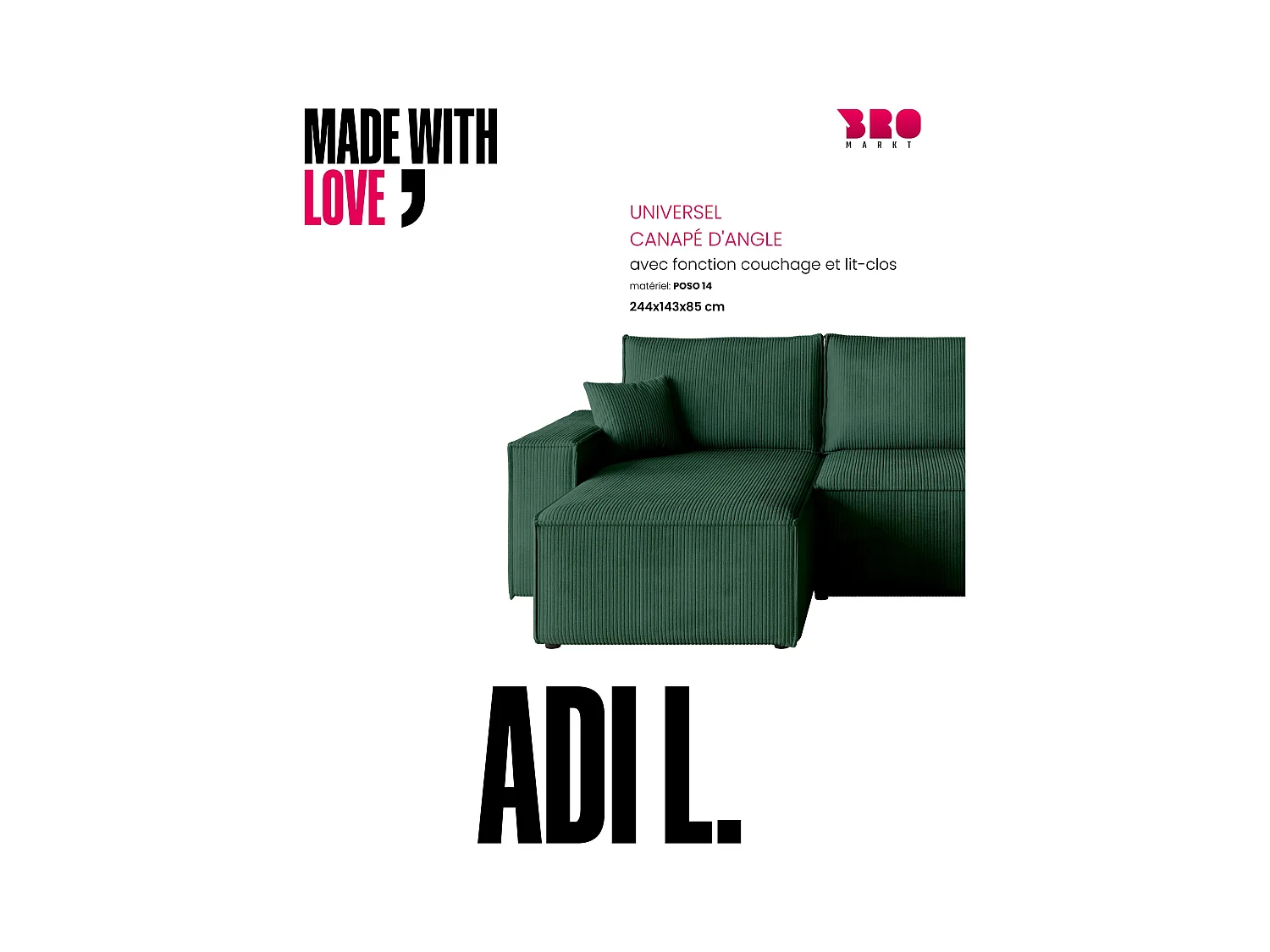 Canapé d'angle convertible en velours côtelé vert bouteille ADI L