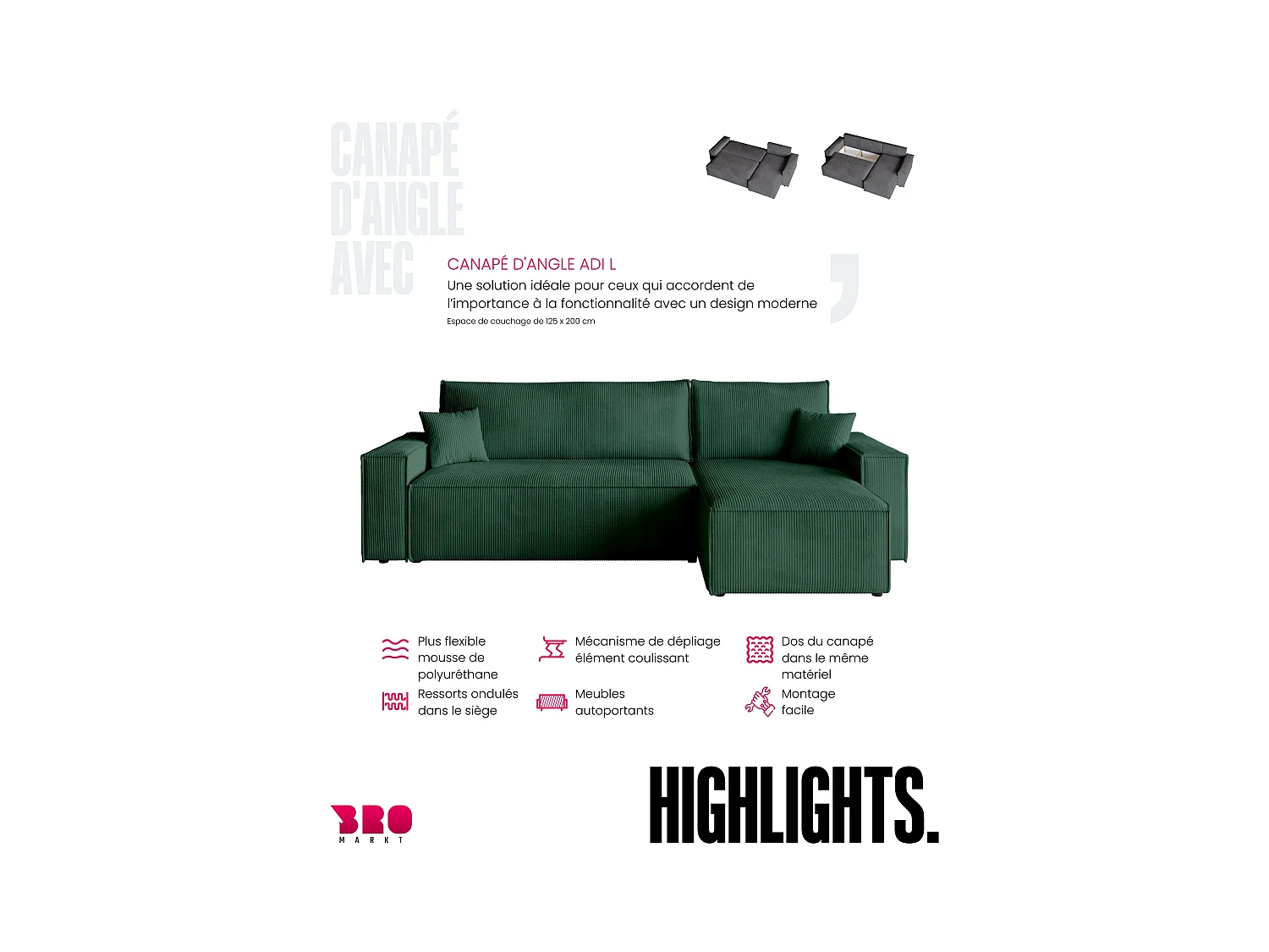 Canapé d'angle convertible en velours côtelé vert bouteille ADI L