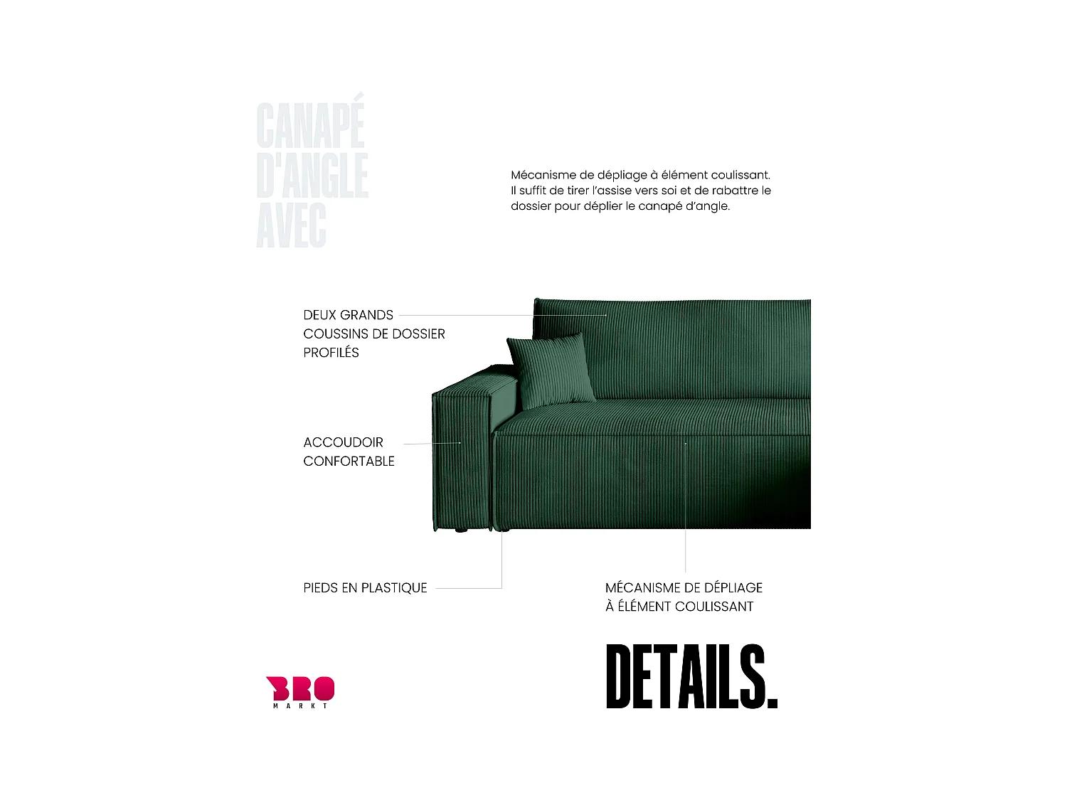 Canapé d'angle convertible en velours côtelé vert bouteille ADI L