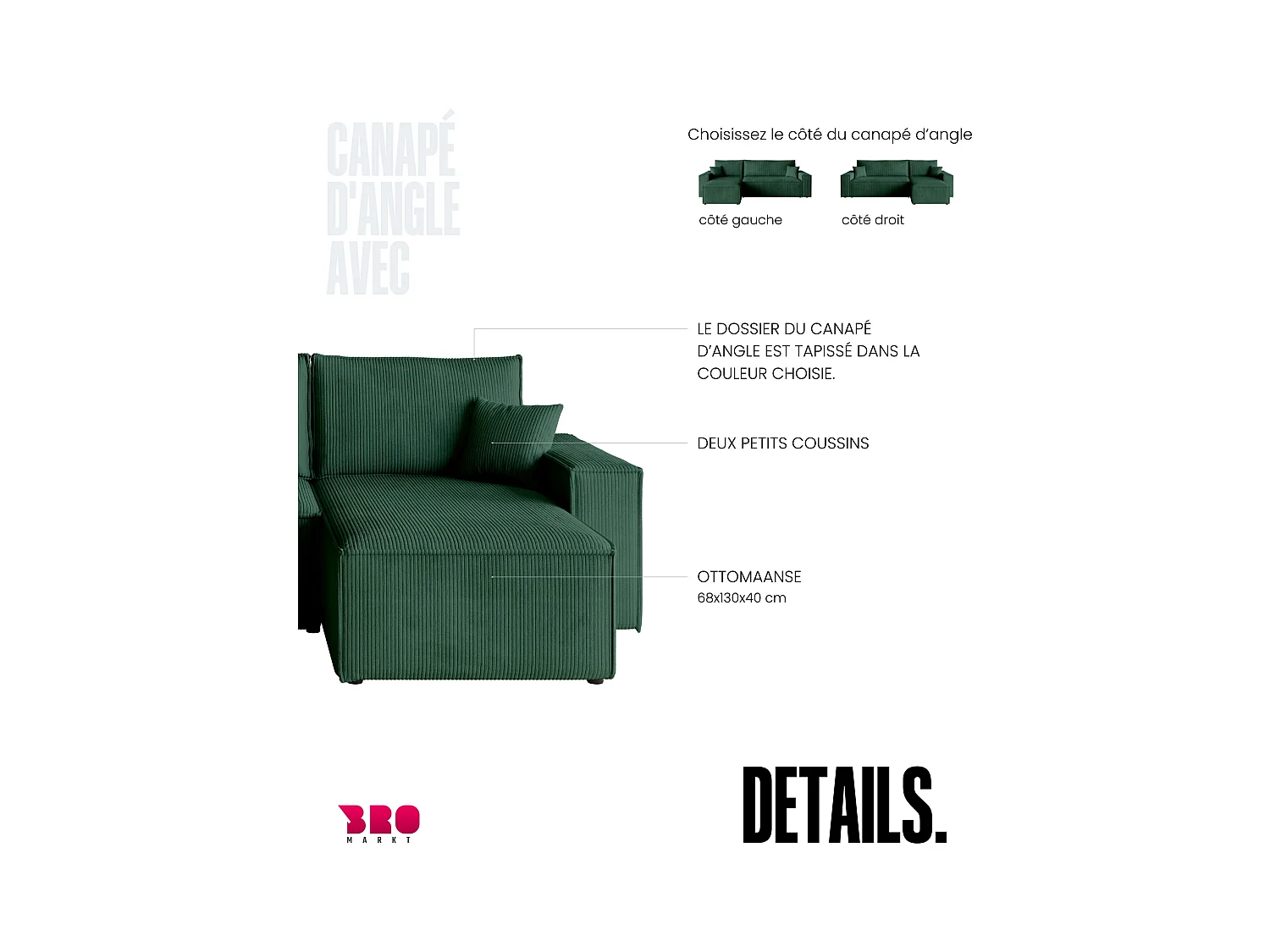 Canapé d'angle convertible en velours côtelé vert bouteille ADI L