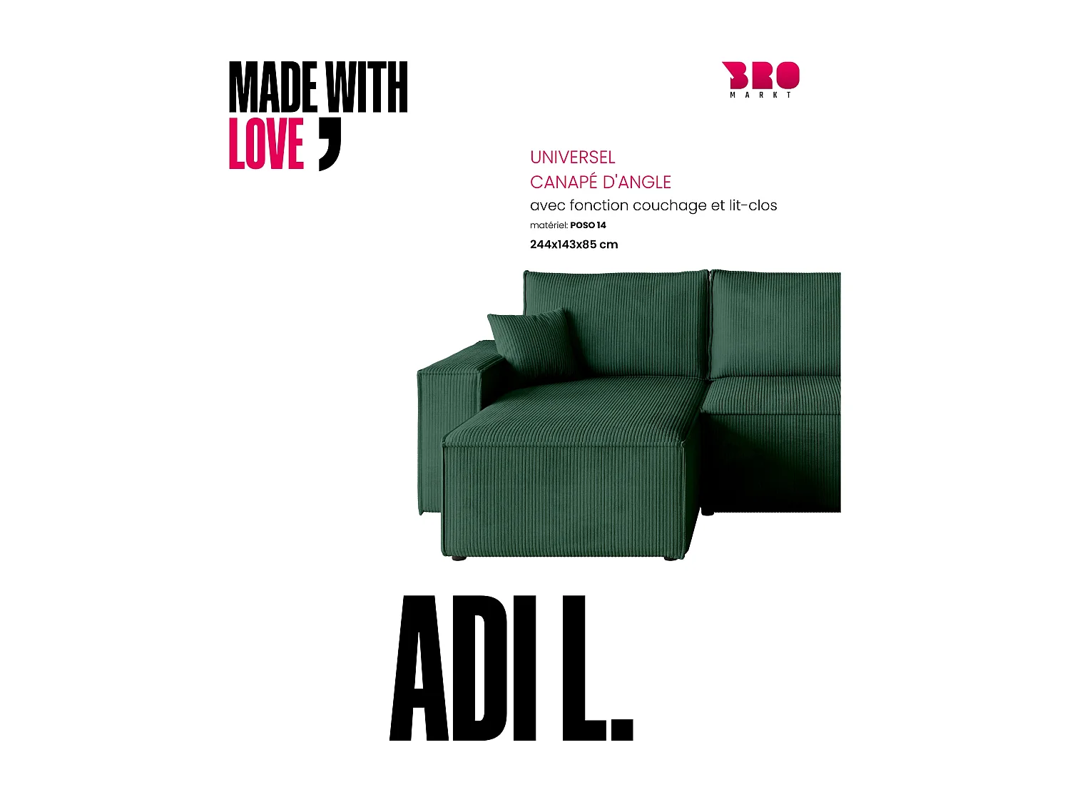 Canapé d'angle convertible en velours côtelé vert bouteille ADI L