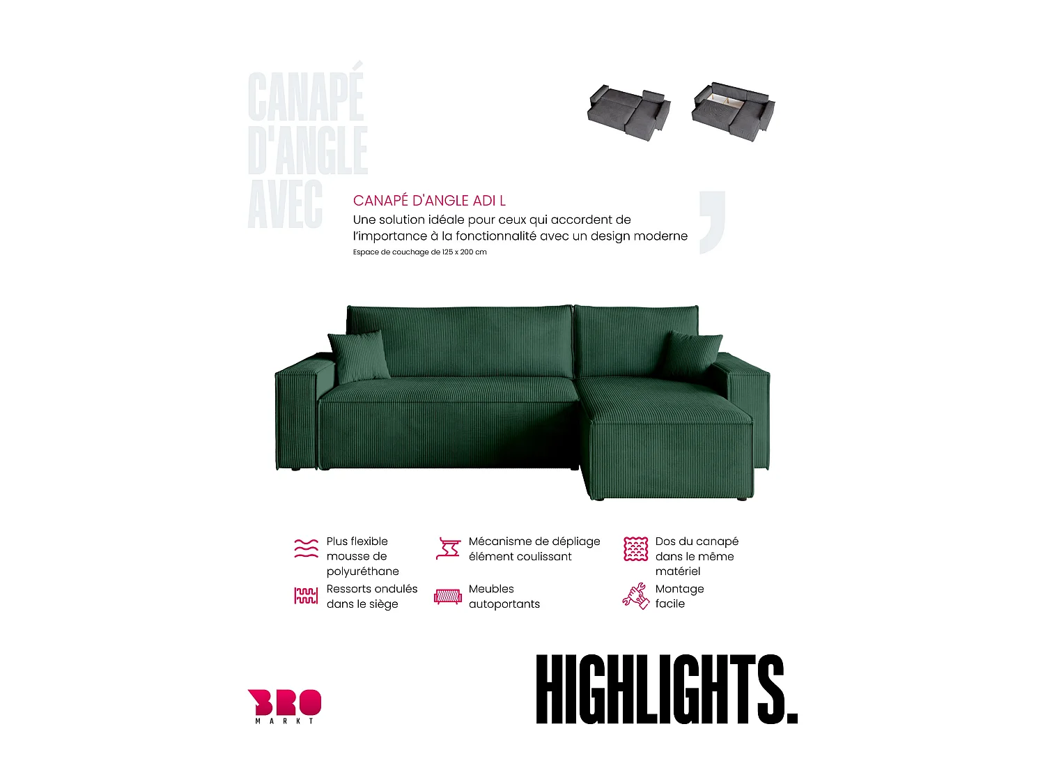 Canapé d'angle convertible en velours côtelé vert bouteille ADI L