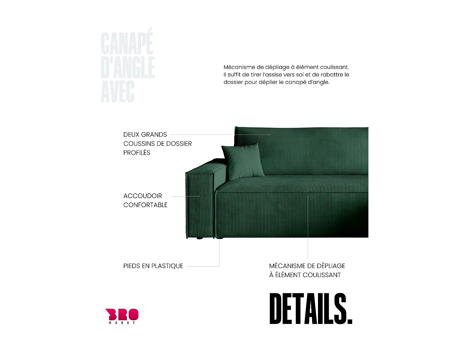 Canapé d'angle convertible en velours côtelé vert bouteille ADI L