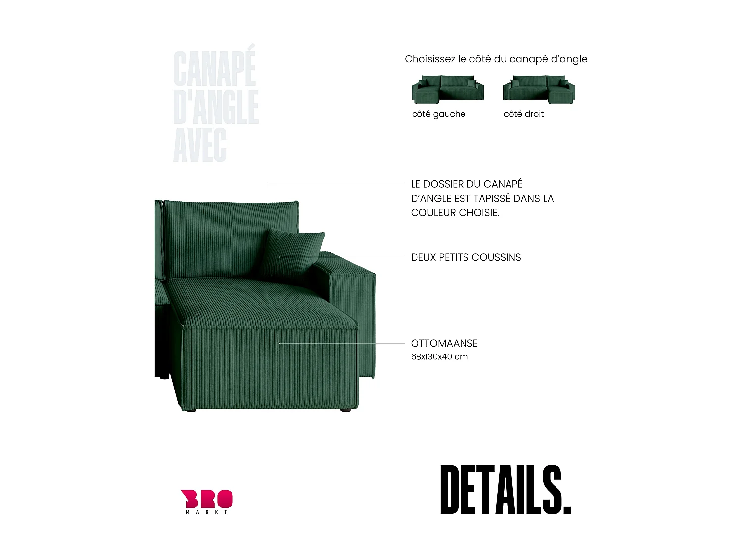 Canapé d'angle convertible en velours côtelé vert bouteille ADI L