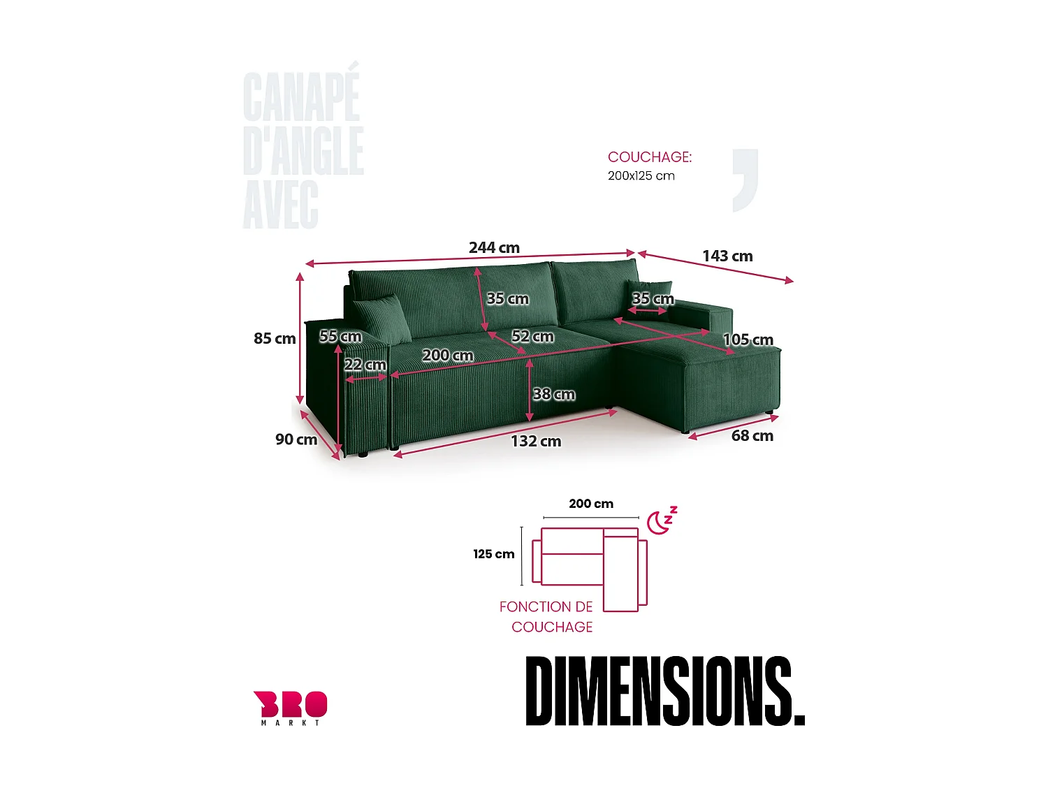 Canapé d'angle convertible en velours côtelé vert bouteille ADI L