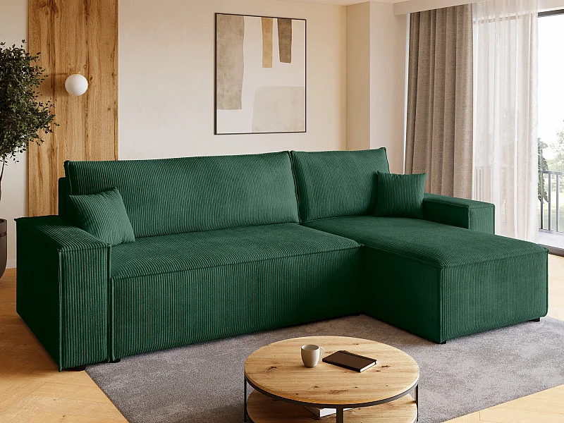 Canapé d'angle convertible en velours côtelé vert bouteille ADI L