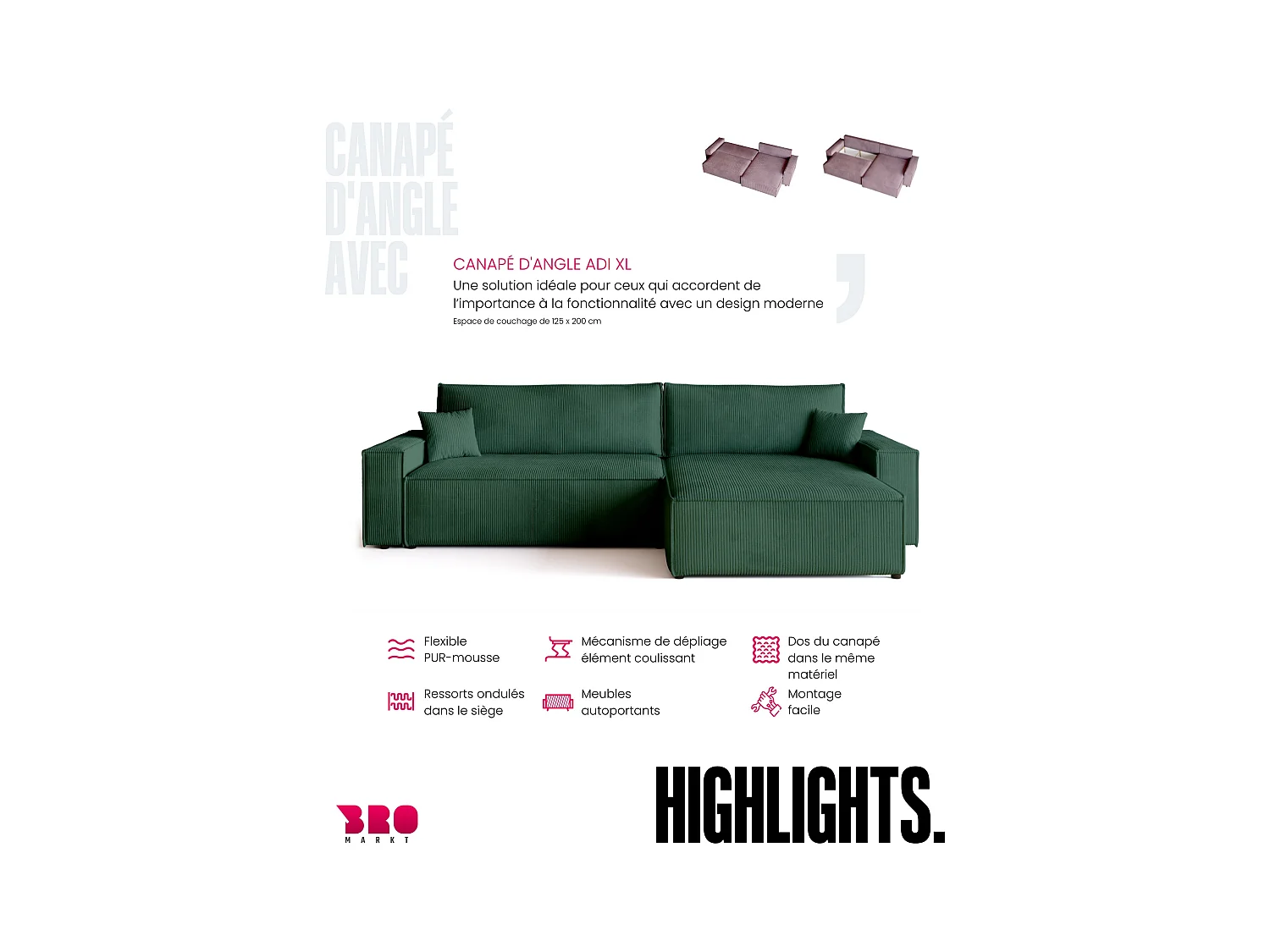 Hoekbank met slaapfunctie groente ADI XL