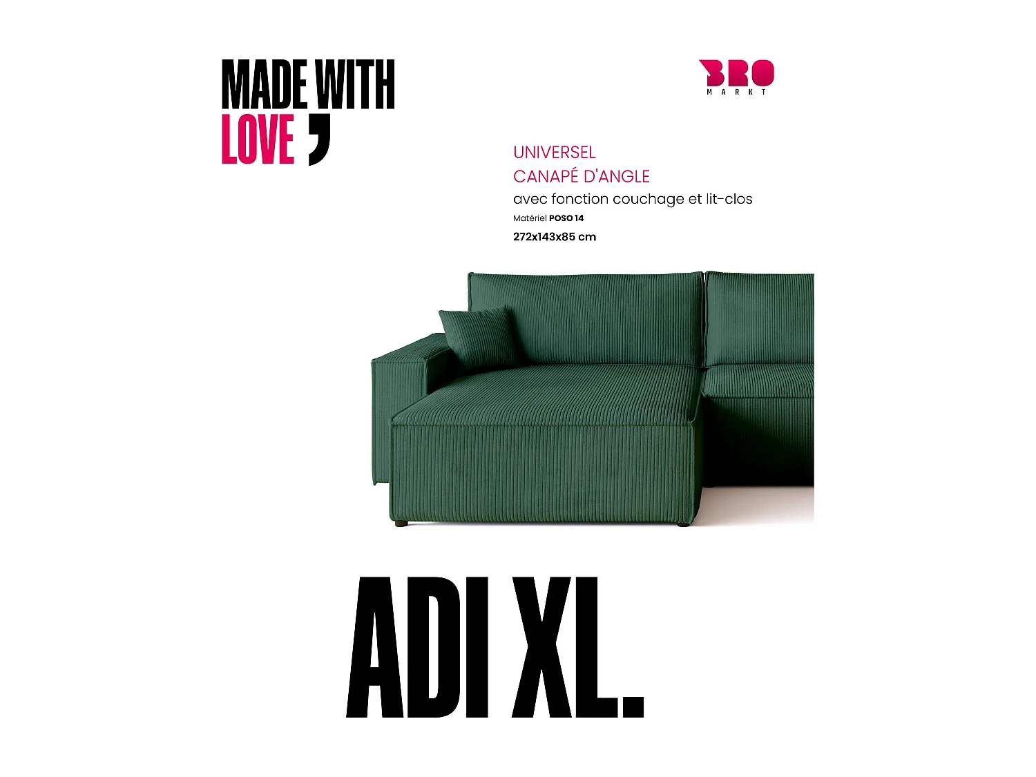 Canapé d'angle convertible en velours côtelé vert bouteille ADI XL