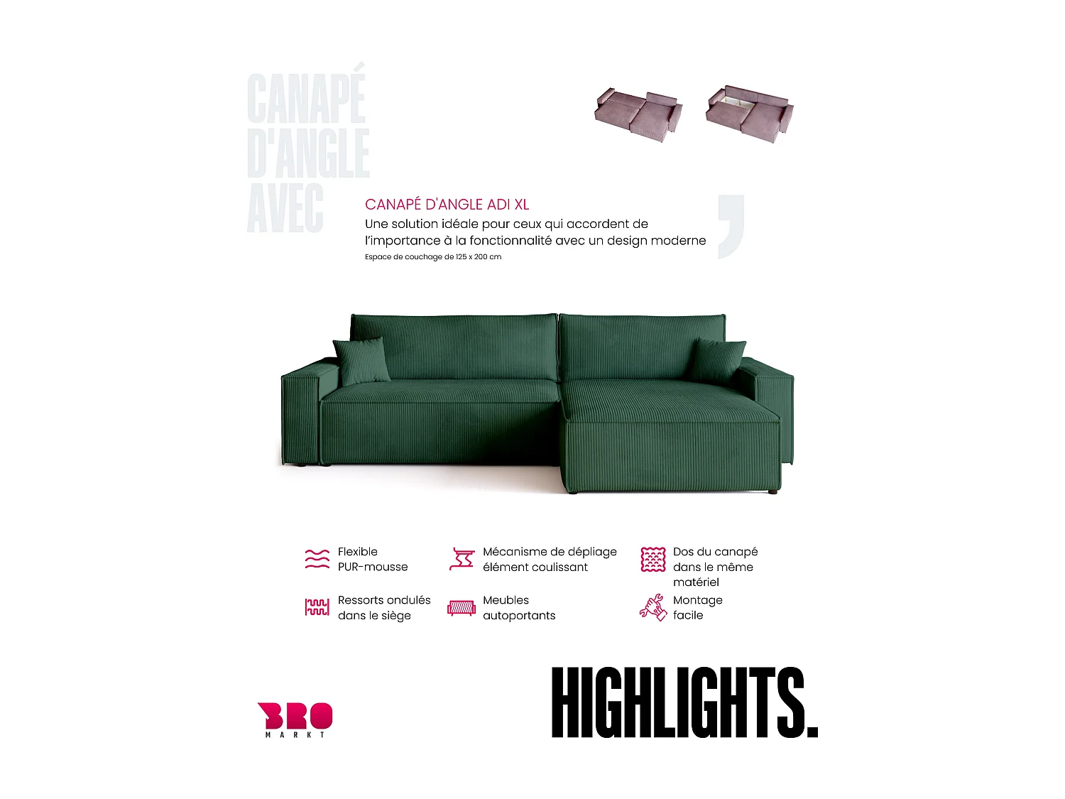 Canapé d'angle convertible en velours côtelé vert bouteille ADI XL