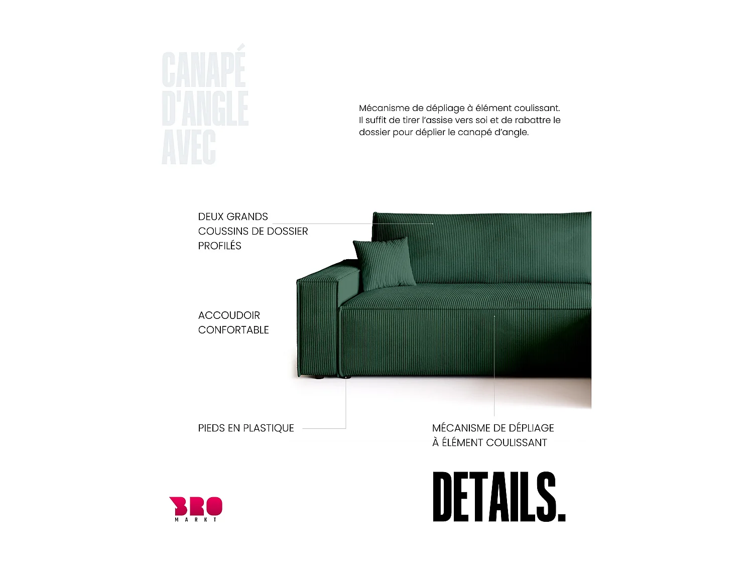 Canapé d'angle convertible en velours côtelé vert bouteille ADI XL