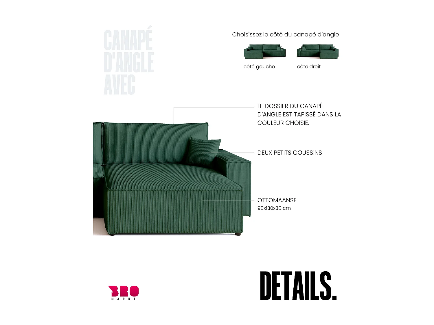 Canapé d'angle convertible en velours côtelé vert bouteille ADI XL