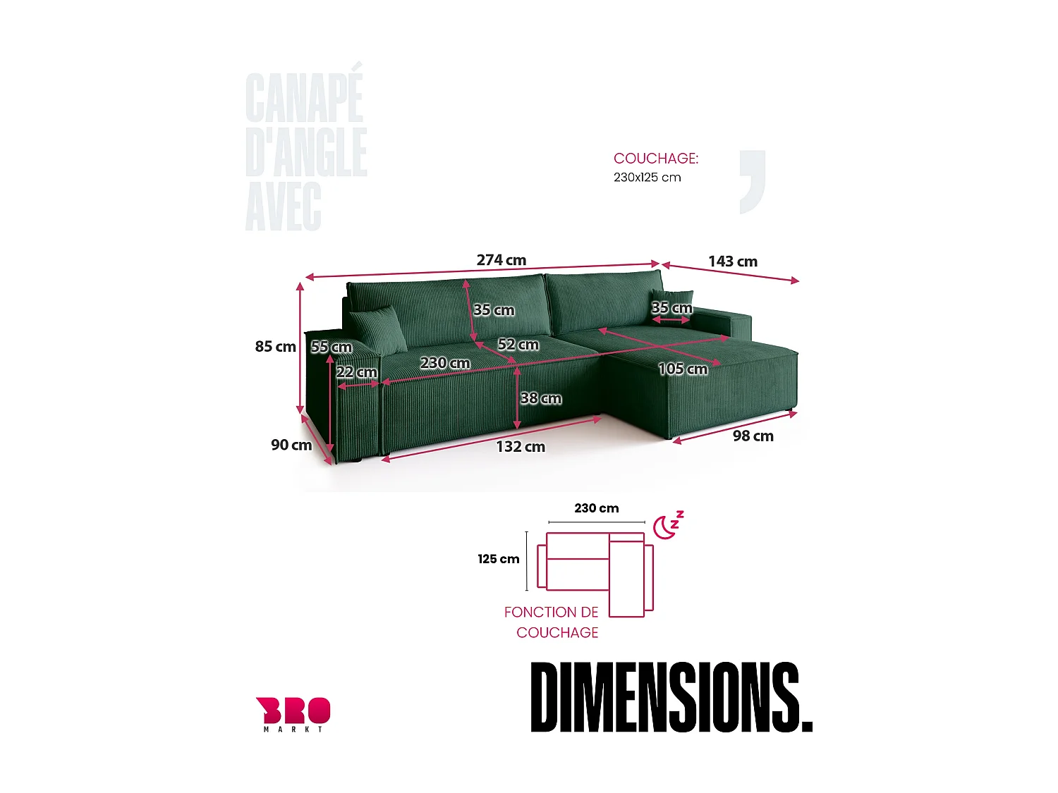 Canapé d'angle convertible en velours côtelé vert bouteille ADI XL