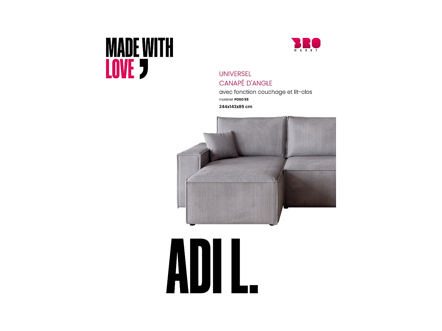 Hoekbank met slaapfunctie lichgrijs ADI L