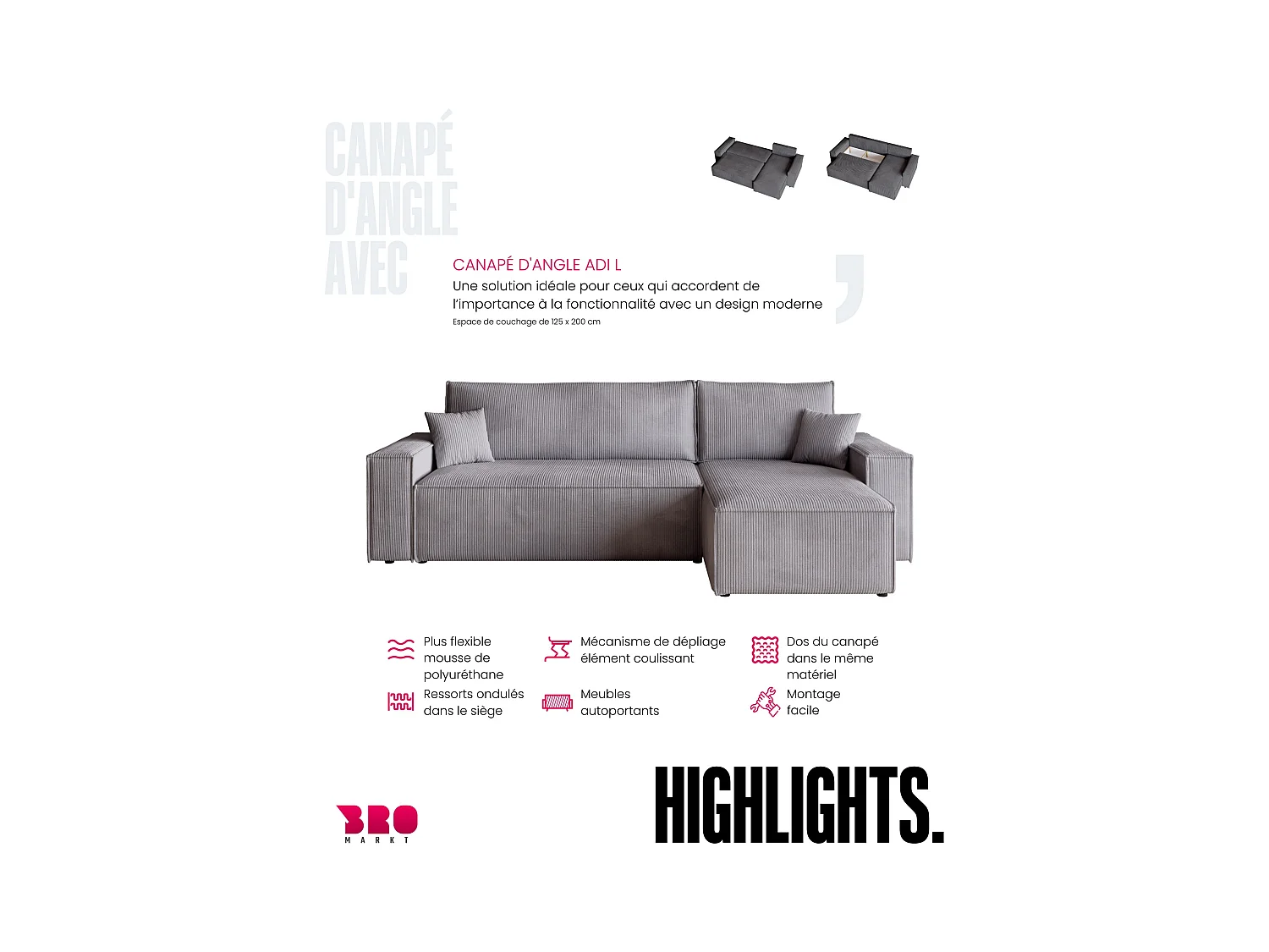 Hoekbank met slaapfunctie lichgrijs ADI L