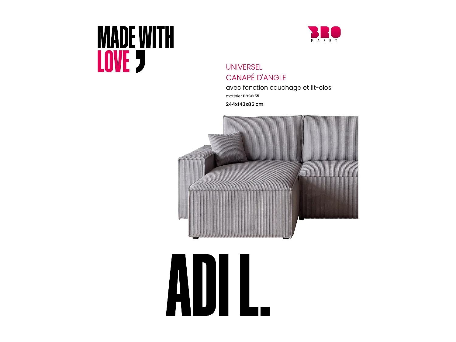 Canapé d'angle convertible en velours côtelé gris clair ADI L