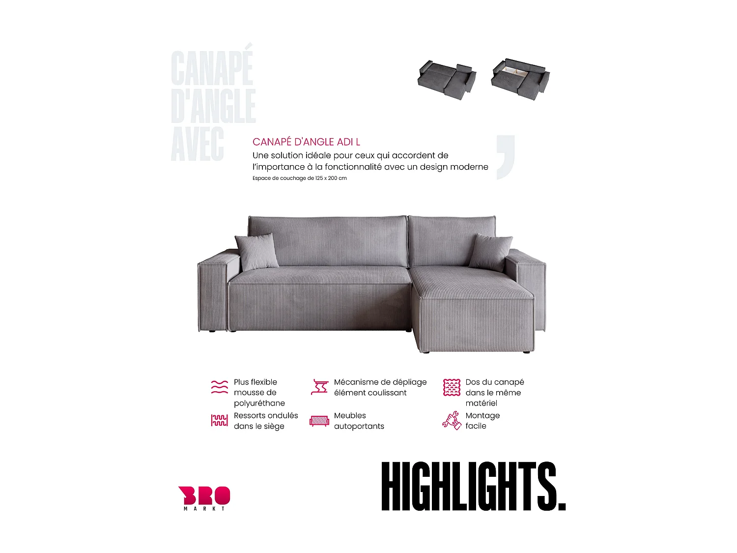 Canapé d'angle convertible en velours côtelé gris clair ADI L