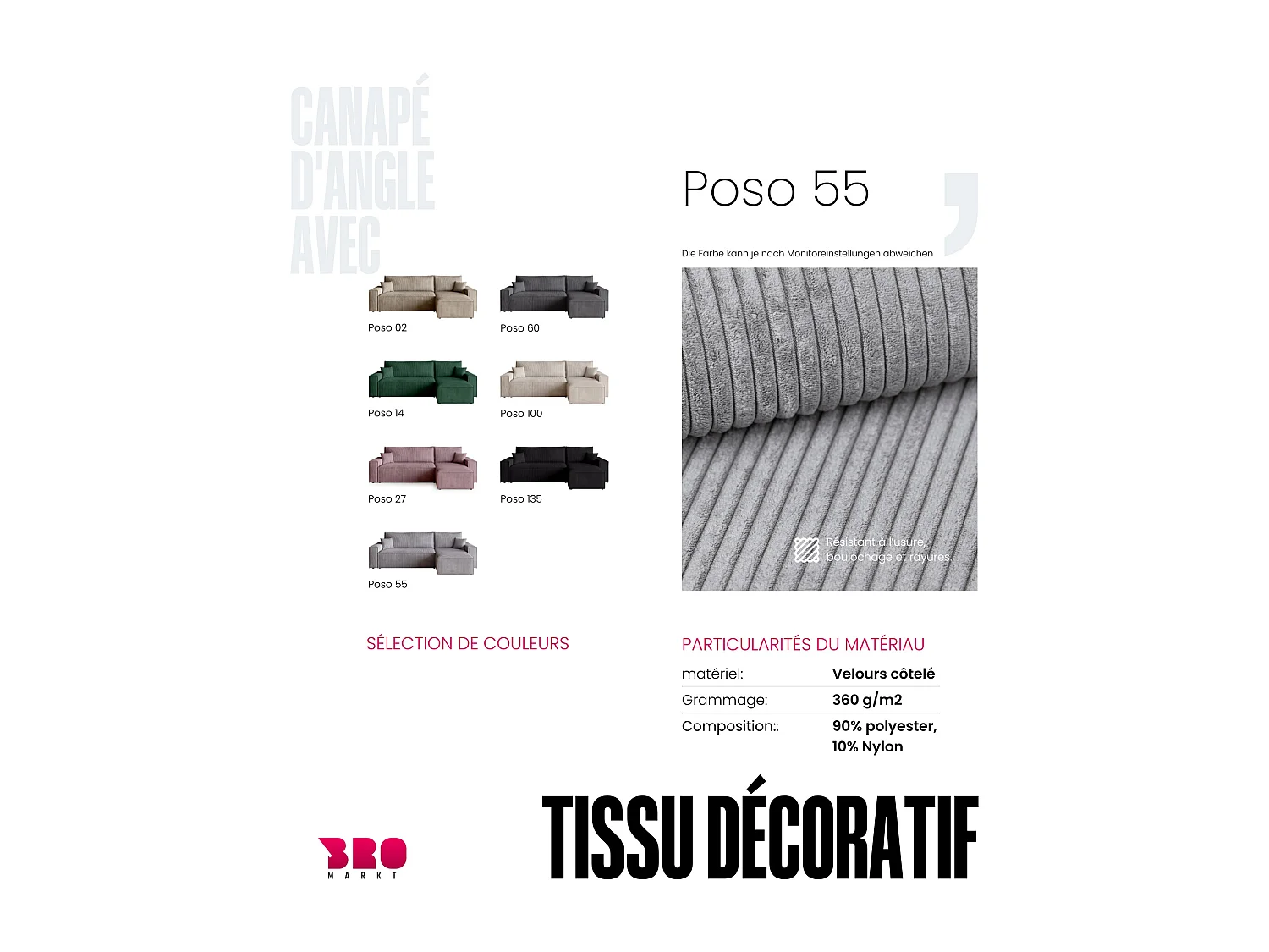 Canapé d'angle convertible en velours côtelé gris clair ADI L