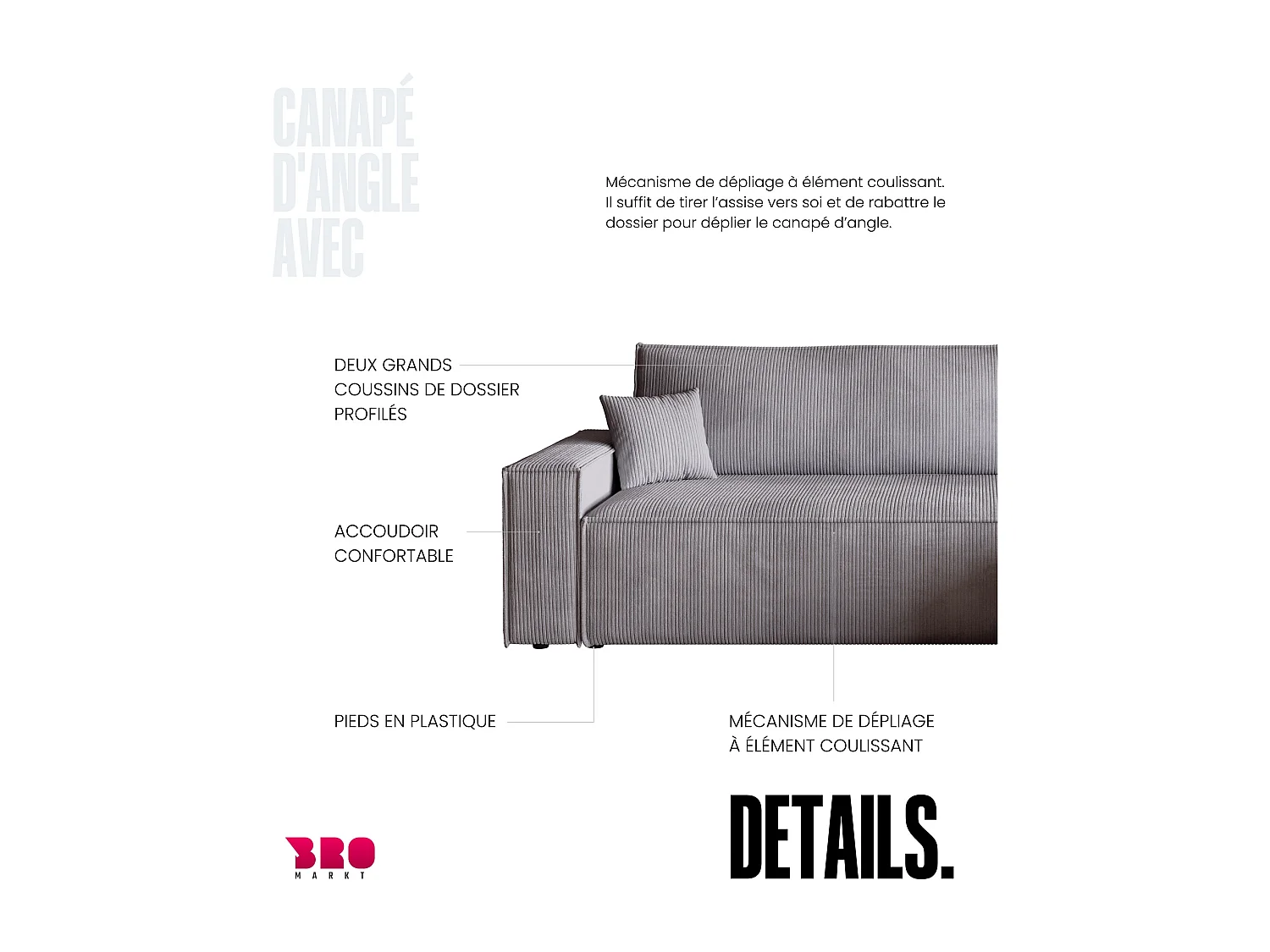 Canapé d'angle convertible en velours côtelé gris clair ADI L