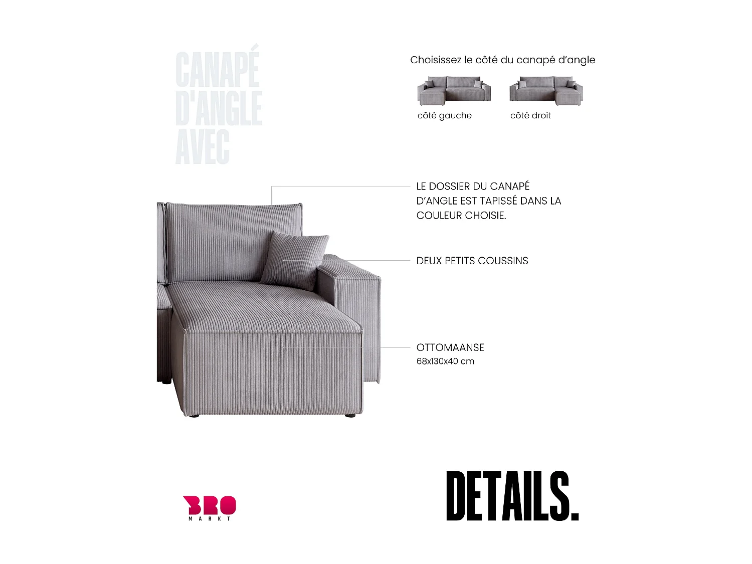 Canapé d'angle convertible en velours côtelé gris clair ADI L