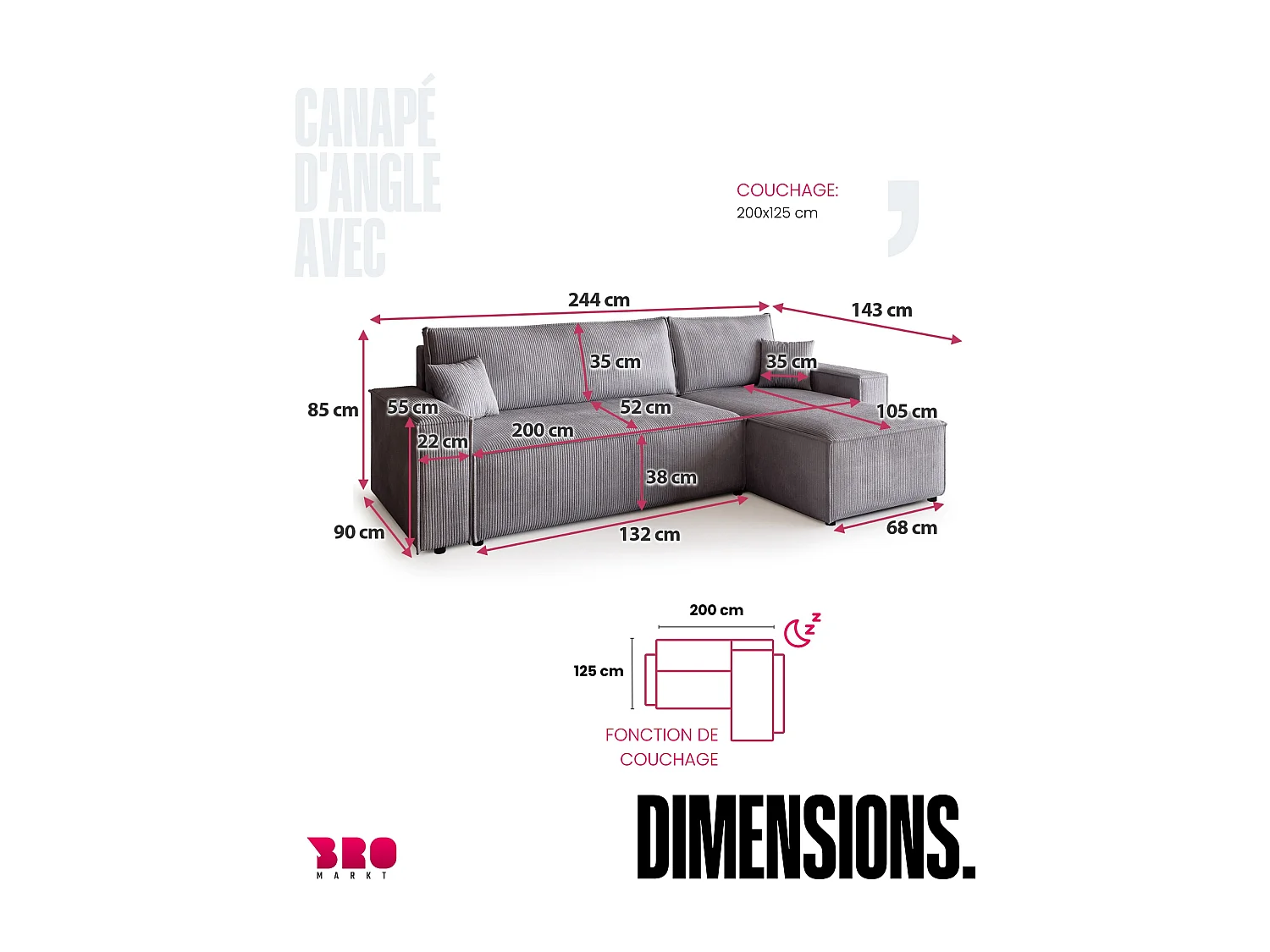 Canapé d'angle convertible en velours côtelé gris clair ADI L