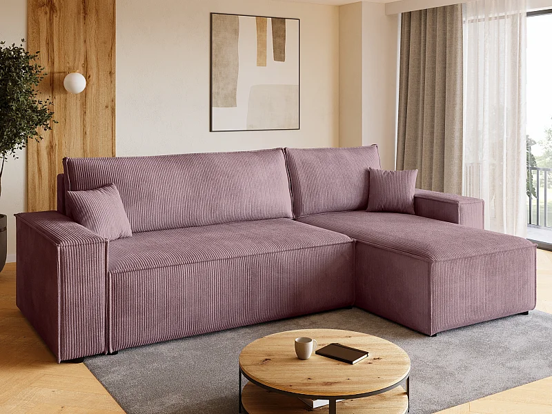Canapé d'angle convertible en velours côtelé rose ADI L