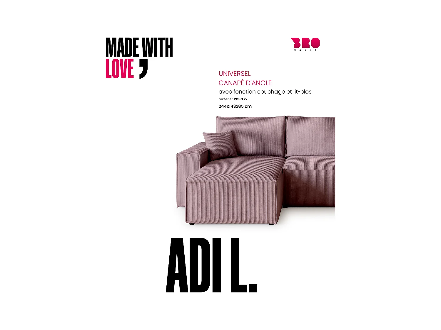 Canapé d'angle convertible en velours côtelé rose ADI L