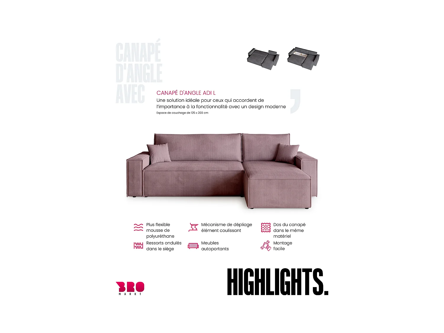 Canapé d'angle convertible en velours côtelé rose ADI L