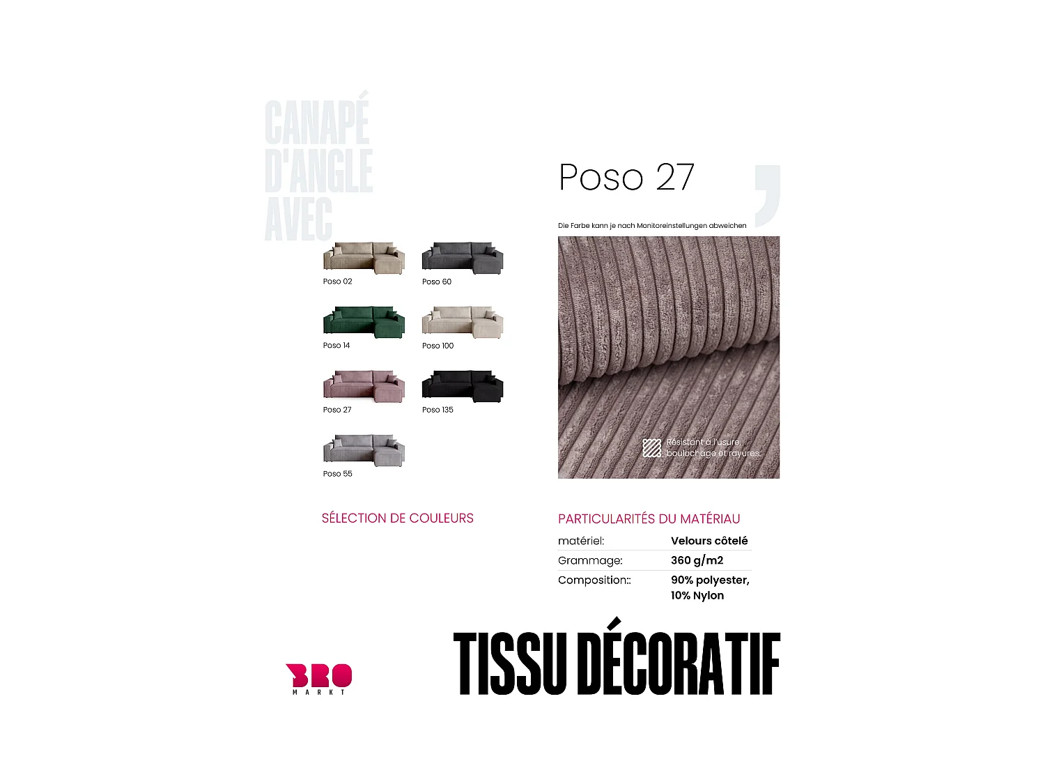 Canapé d'angle convertible en velours côtelé rose ADI L