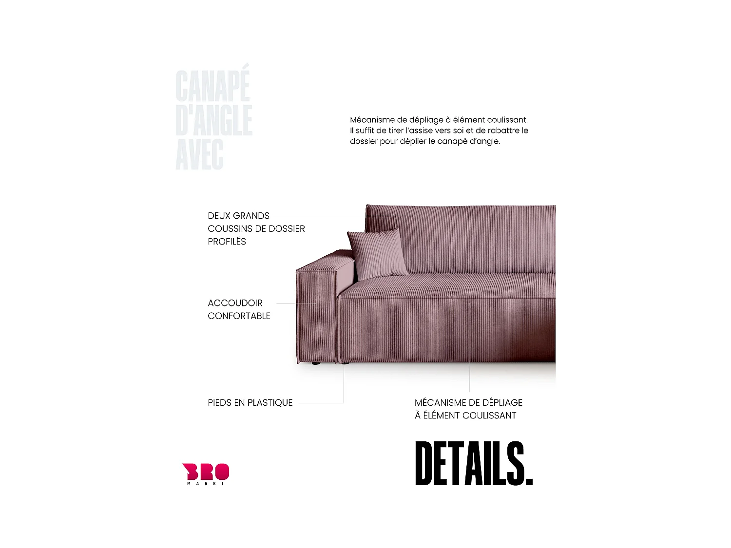 Canapé d'angle convertible en velours côtelé rose ADI L