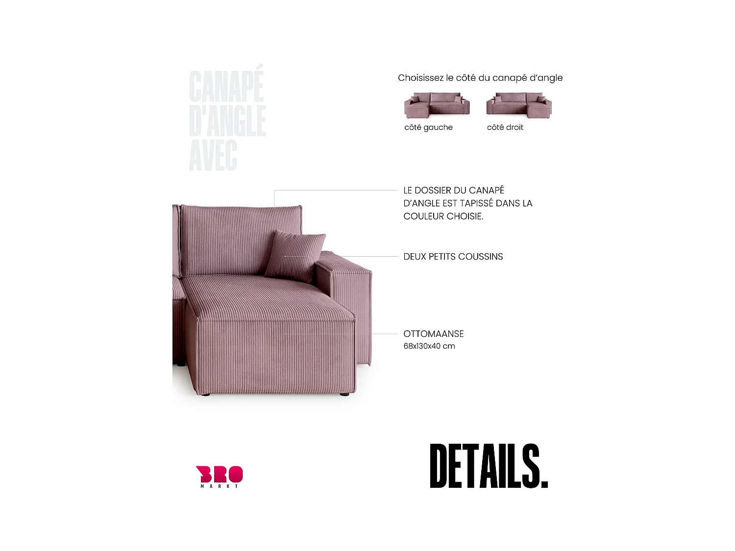 Canapé d'angle convertible en velours côtelé rose ADI L